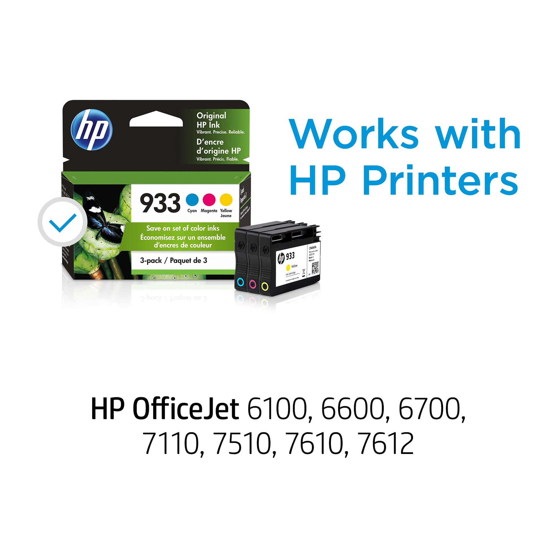 HP 933 Cyan, Magenta, Yellow Ink Cartridges for HP Printers | Works with Printer Series: OfficeJet 6100, 6600, 6700, 7110, 7510, 7610 | N9H56FN