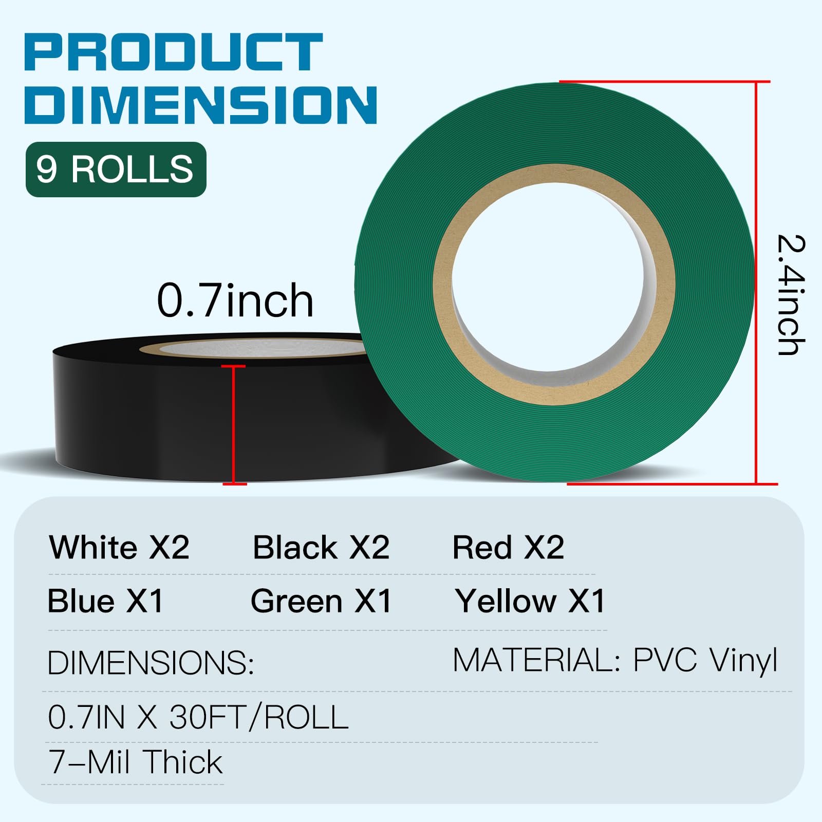 Giwiemi 9 Rolls Coloured Electrical Tape - Professional White Black Red Green Blue Yellow Electrical Tape (0.7 Inch by 30 Feet), Electric Tape is Suitable for Domestic, Commercial, and Industrial Use