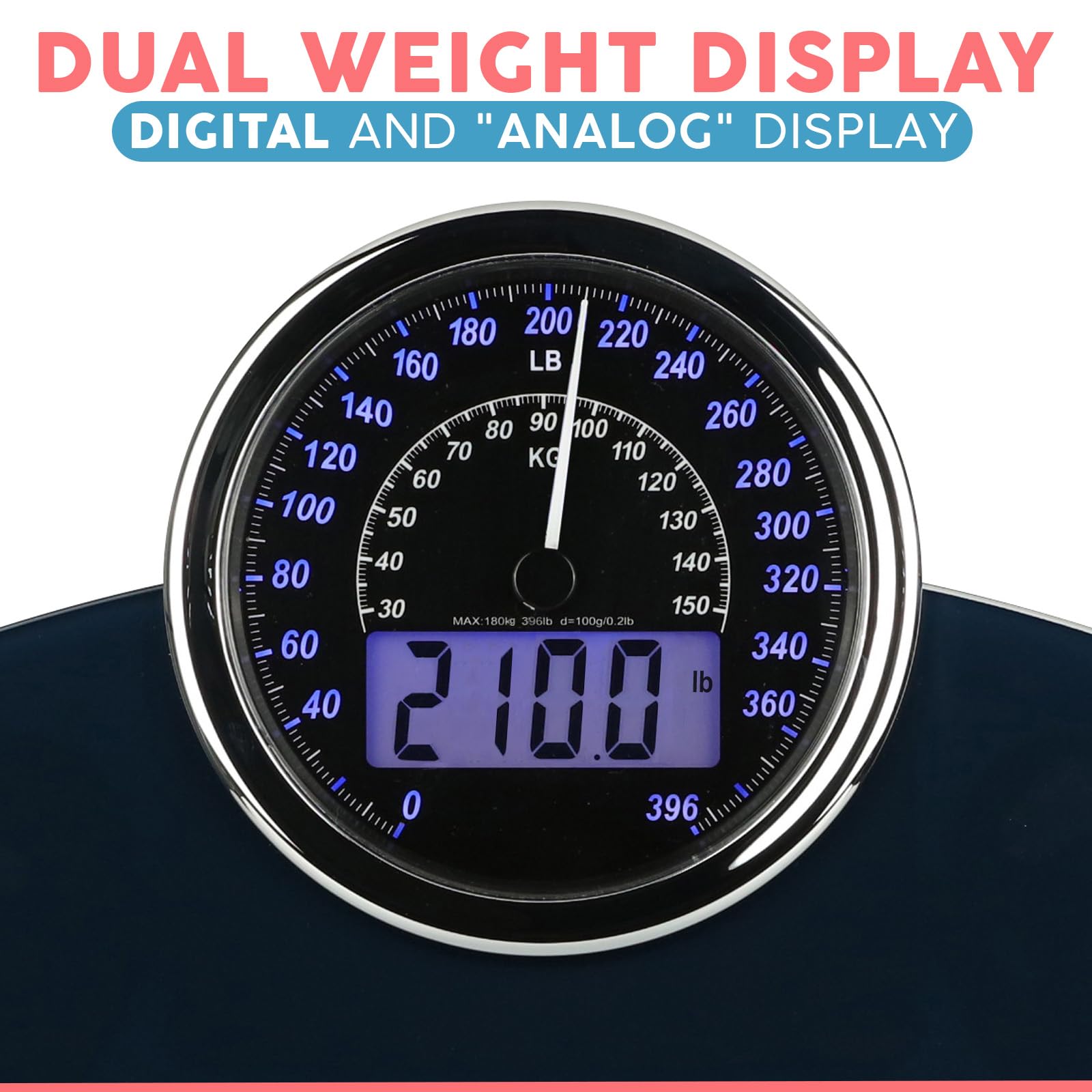 Adamson Hybrid 2-in-1 Analog & Digital Weighing Scale for Body Weight up to 400lbs - Thick Tempered Glass - Extra Large Display - Easy to Read Digital Bathroom Scale - New