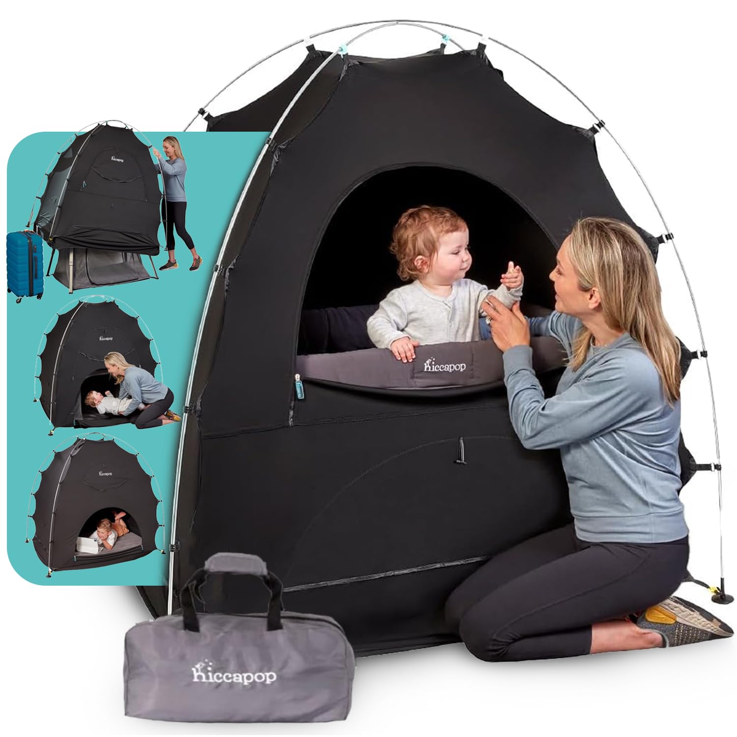 Hiccapop Daydreamer Blackout Tent for Pack and Play, Patented Portable Crib Tent, Blackout Canopy Crib Cover, Sleep Pod for Kids, Black