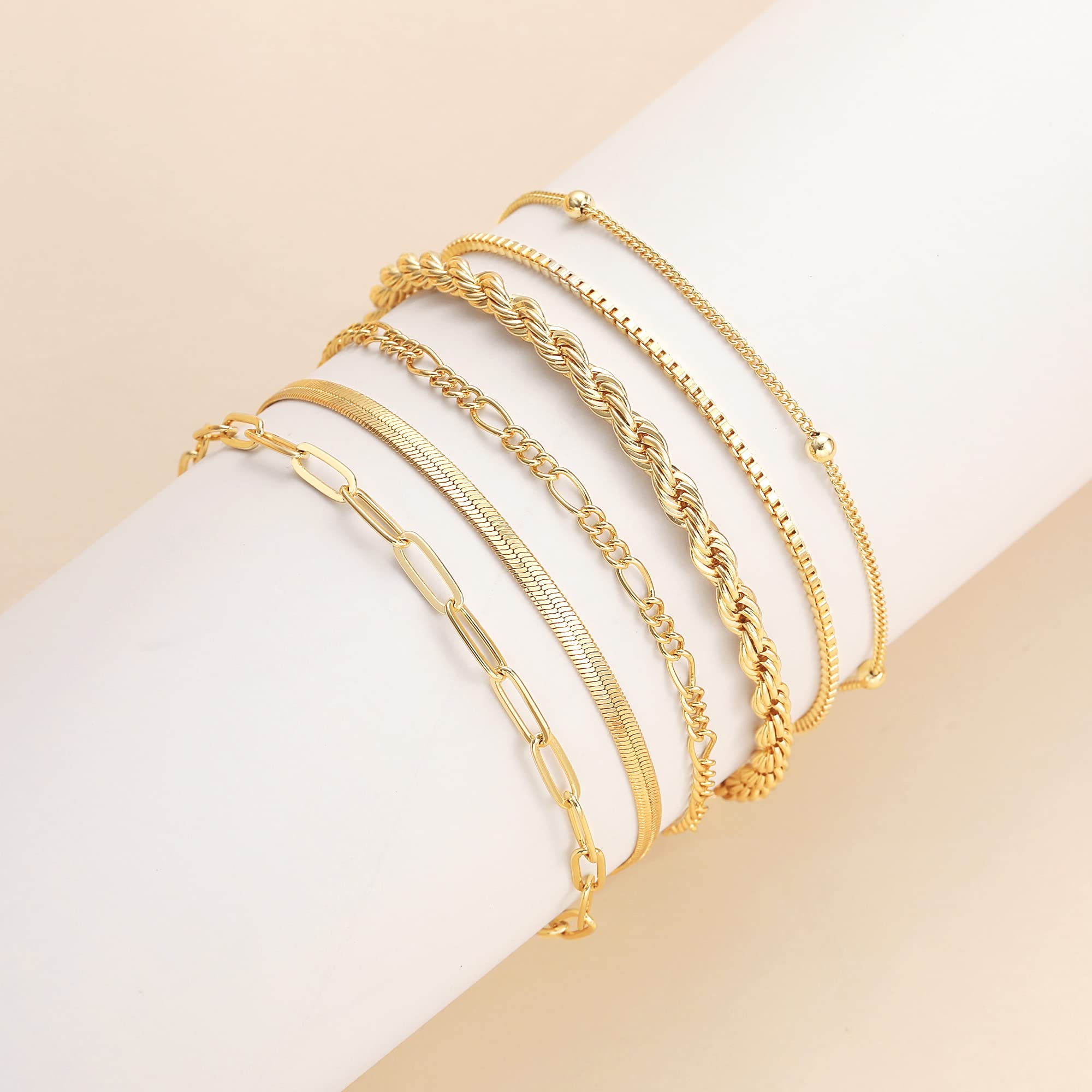 DEARMAY Gold Bracelets for Women 14K Real Gold Plated Jewelry Sets Stack Trendy Dainty Stackable Paperclip Rope Snake Box Figaro Chain Bracelets Pack Costume Fashion Filled Gifts