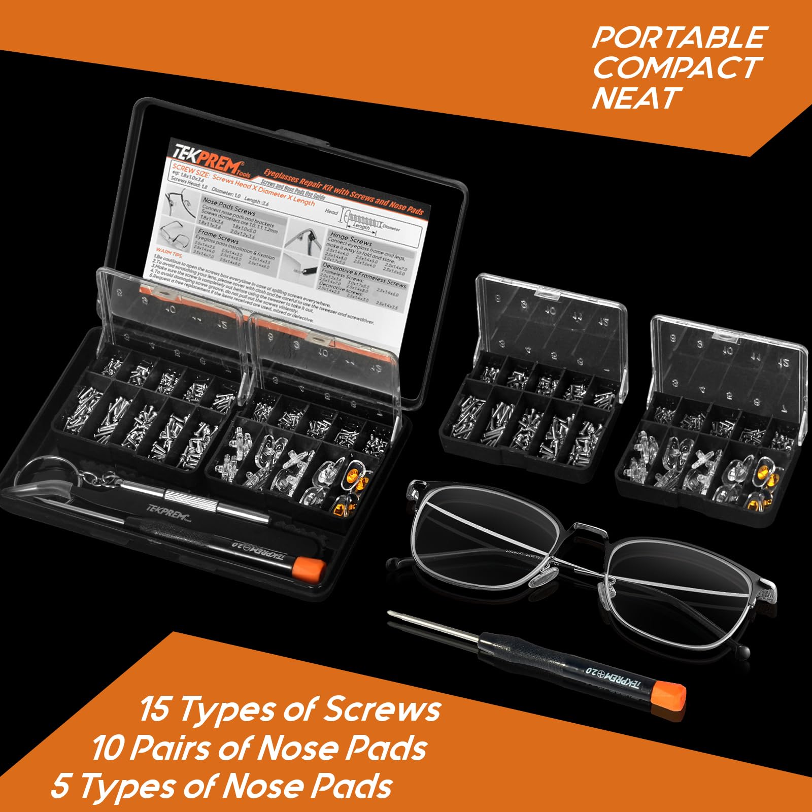 TEKPREM Magnetic Eyeglass Repair Tool Kit, Eye Glasses Repairing Screwdriver Set with Compatible Eyeglass Screws,Silicone Nose Pads,Tweezer,Small Screwdriver for Eyeglasses,Sunglasses and Nose Pads