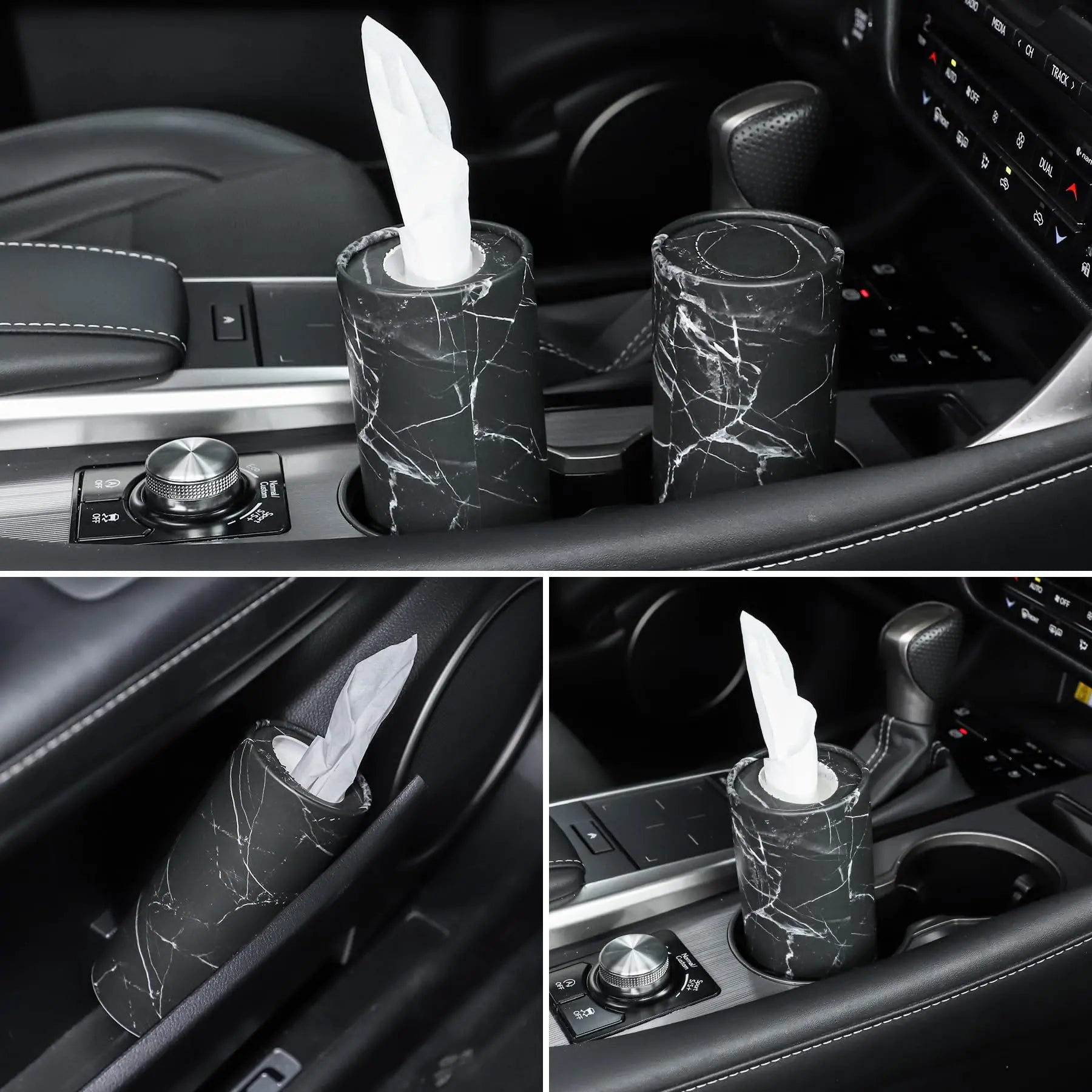 SINGARO Car Tissue Holder, 4 Pack Car Cup Holder Facial Tissues with Travel Tissue Bag, Quick and Convenient Flower Combination Car Tissue Box(4 Canisters/200 Tissues) Black
