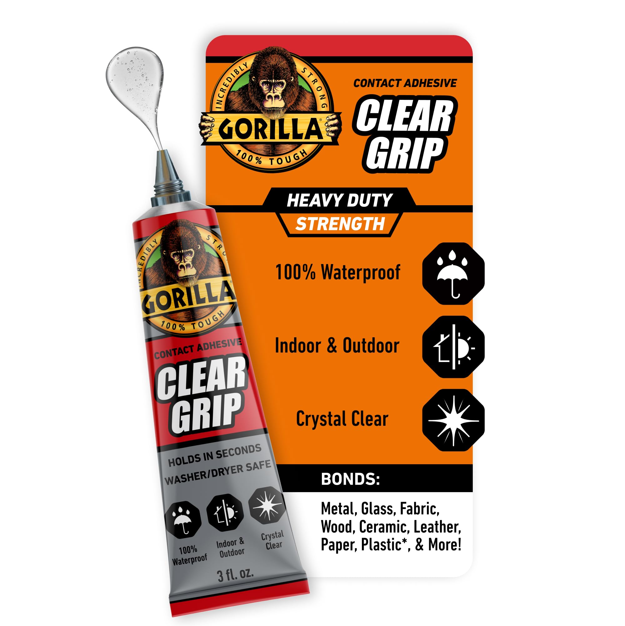 Gorilla Clear Grip Waterproof Contact Adhesive, 3 Ounce Tube, Clear, (Pack of 1)