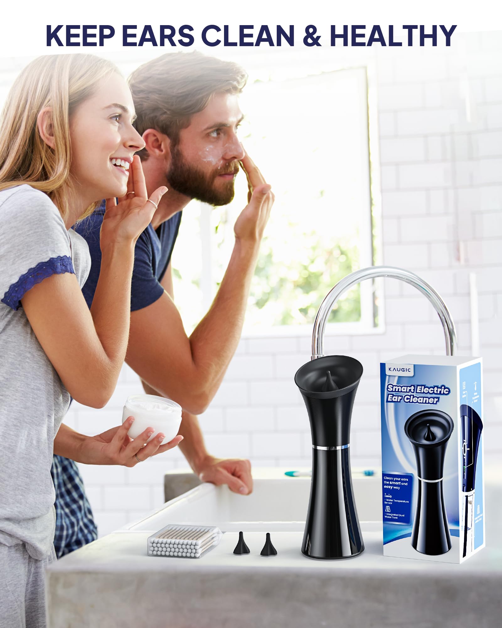 KAUGIC Upgraded Ear Wax Removal with One-Piece Waste Tank, Safe Ear Cleaner with Water Temperature Sensor, FSA/HSA Eligible Effective Ear Irrigation Kit & USB-A to C Cable, IPX7, Black