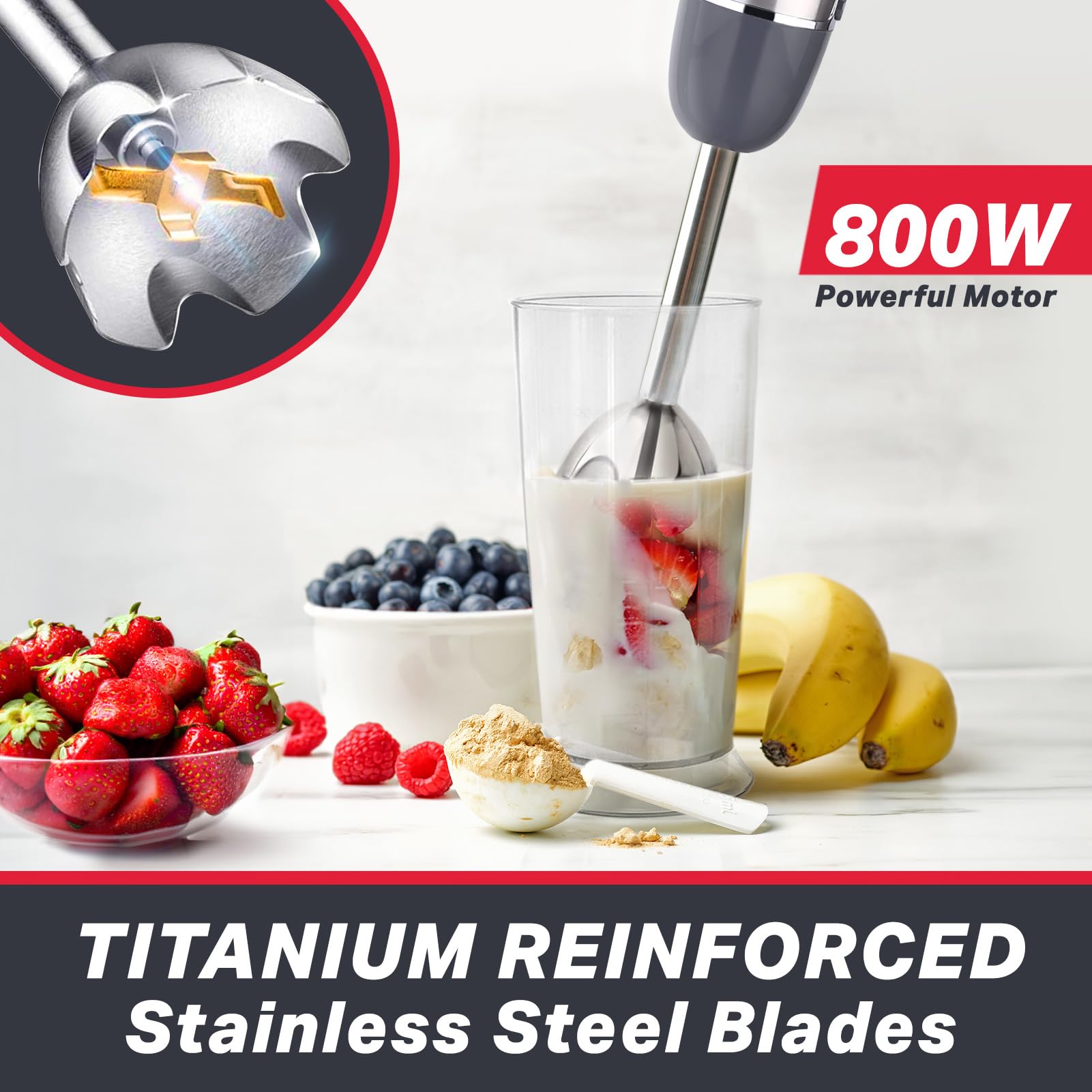 Mueller Multistick 5-in-1 Immersion Blender Handheld, 12 Speed Hand Mixer - Turbo Boost, Heaviest Duty Copper Motor, Titanium Blades Hand Blender, Milk Frother Wand, Whisk, Beaker, Chopper, Grey