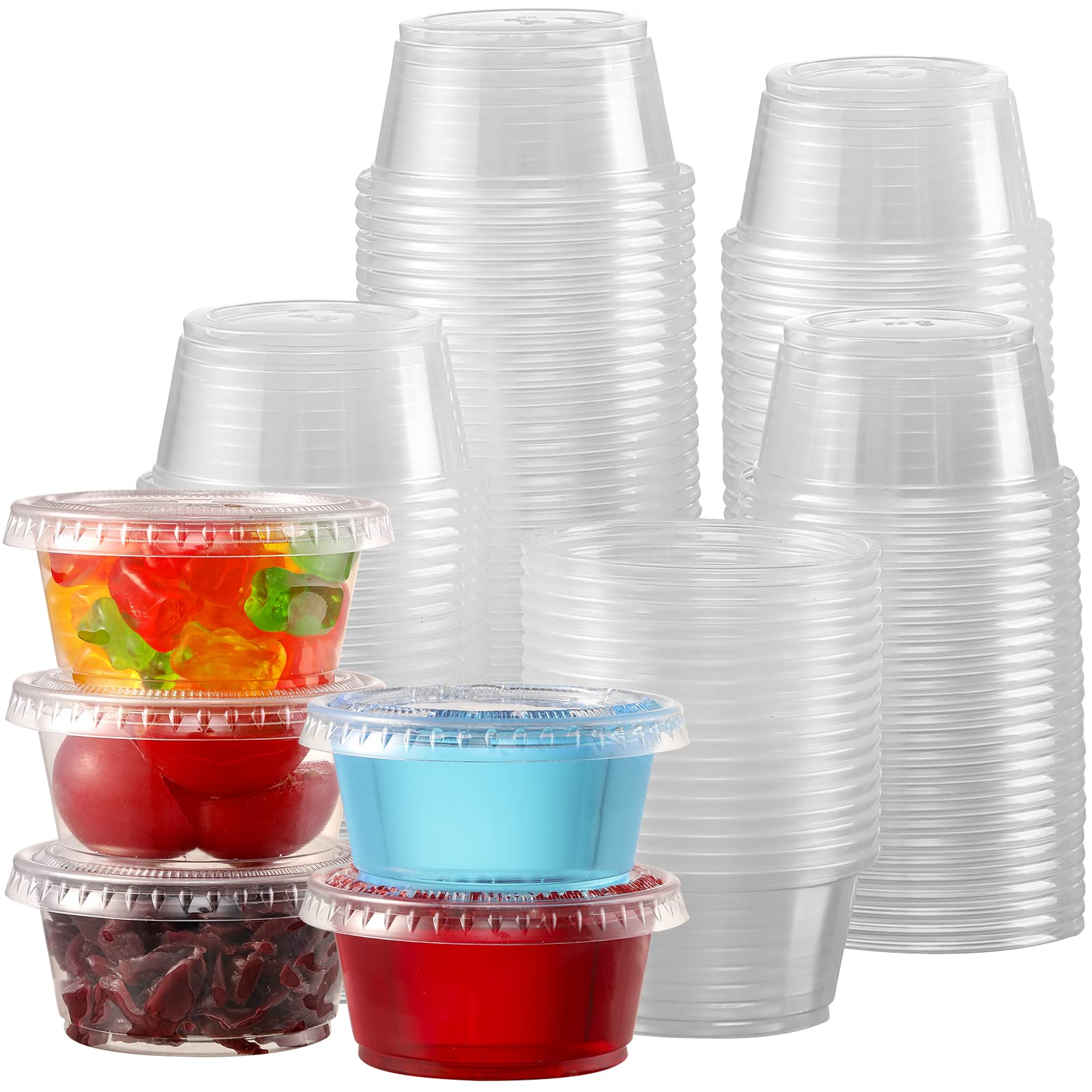 VITEVER 130 sets - أكواب جيلي شوت 2 أوقية، حاويات بلاستيكية صغيرة بغطاء، أكواب تقسيم محكمة الغلق وقابلة للتكديس، حاوية لتتبيلة السلطة، أكواب لصلصات التغميس، أكواب بهارات