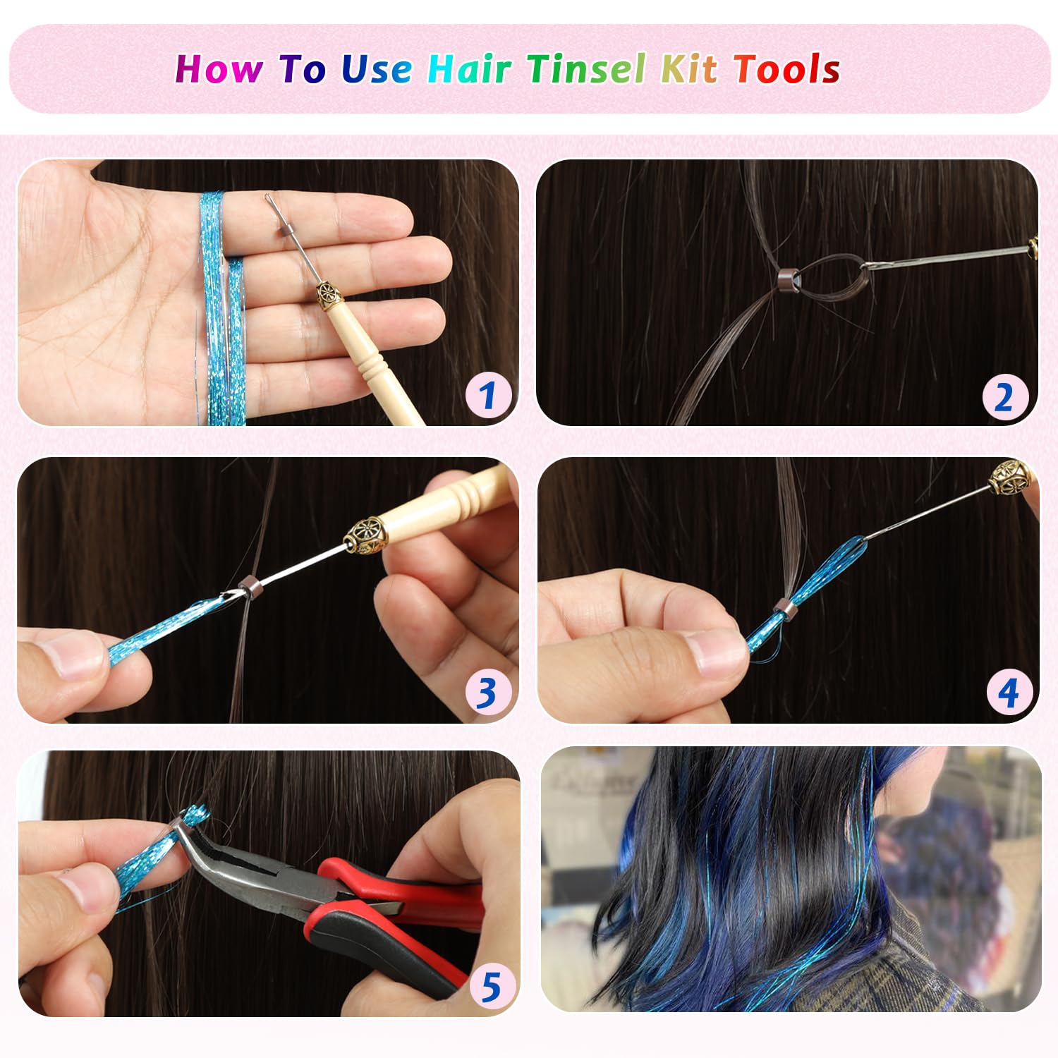 Aouuhe Hair Tinsel 24 Colors 7800 Strands Hair Tinsel Kit with Tools 48 Inch Glitter Tinsel Hair Extensions Festive Party Fairy Hair Tinsel Kit for Women Girls Hair Accessories