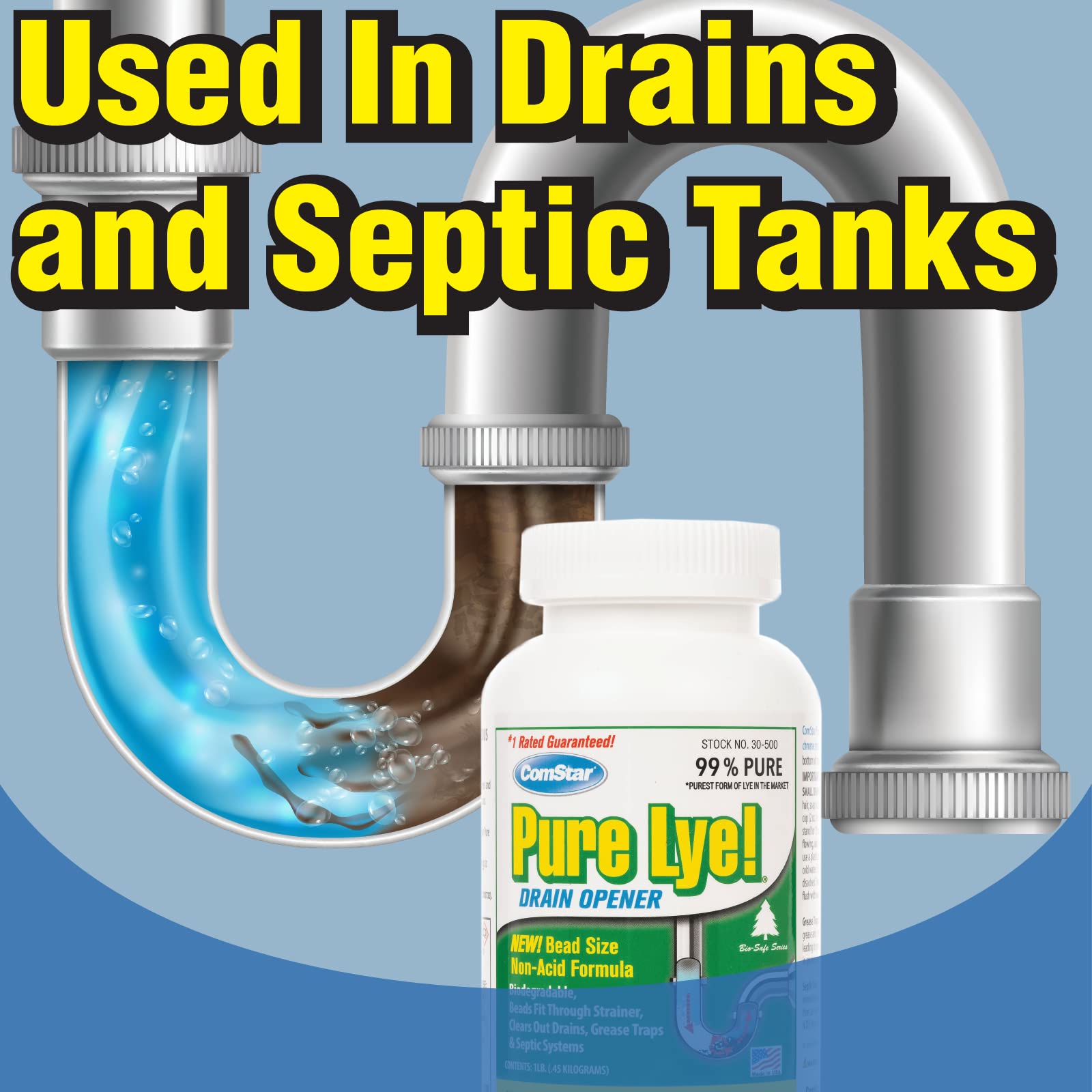 ComStar Pure Lye | 99% Pure Sodium Hydroxide Beads | Eco-Friendly, Industrial Strength, Biodegradable Drain Opener | Safe on Fixtures | Static-Free, Unique Beads for Soap Making | 1 lb. (30-500)