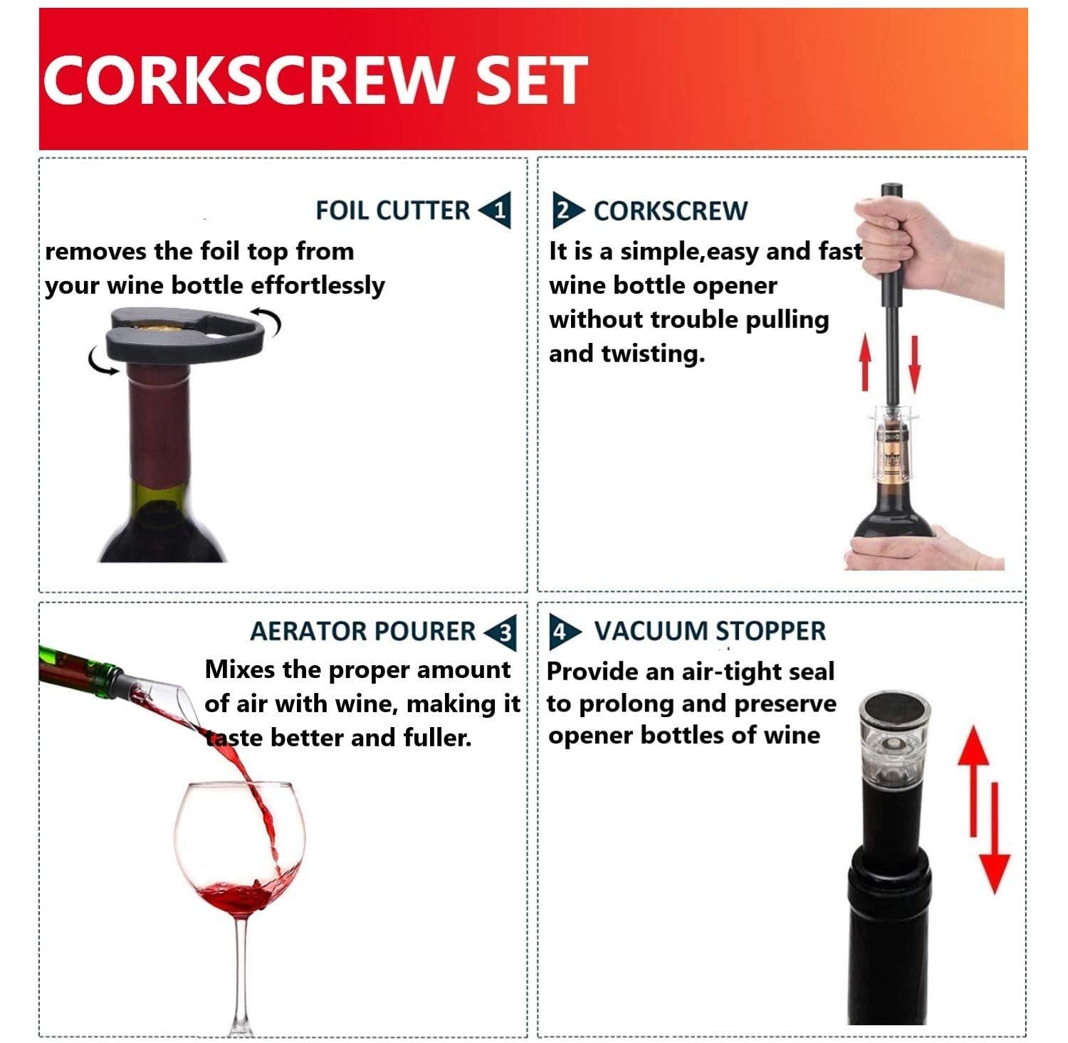 Air Pressure Pump Bottle Opener With Foil Cutter,Aerator Pourer,Vacuum Stopper(4PCS),Simple Cork Remover,Efficient Corkscrew Bottle Opener,Great For Wine Lovers,Perfect Wine Gift.