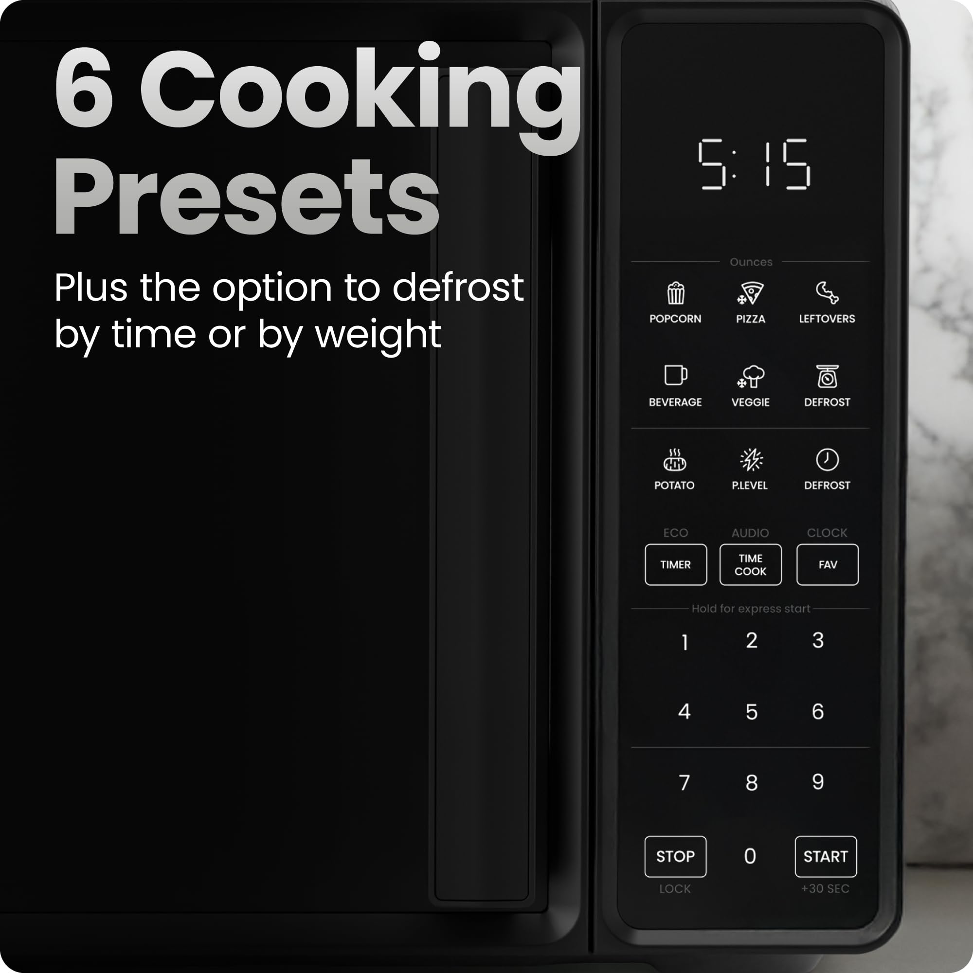 Chefman Countertop Microwave Oven 0.7 Cu. Ft., 700 Watts with 10 Power Levels, 6 Cooking Presets with One-Touch Express Cook, Eco Mode, Child Safety Lock, & Mute Button - Black