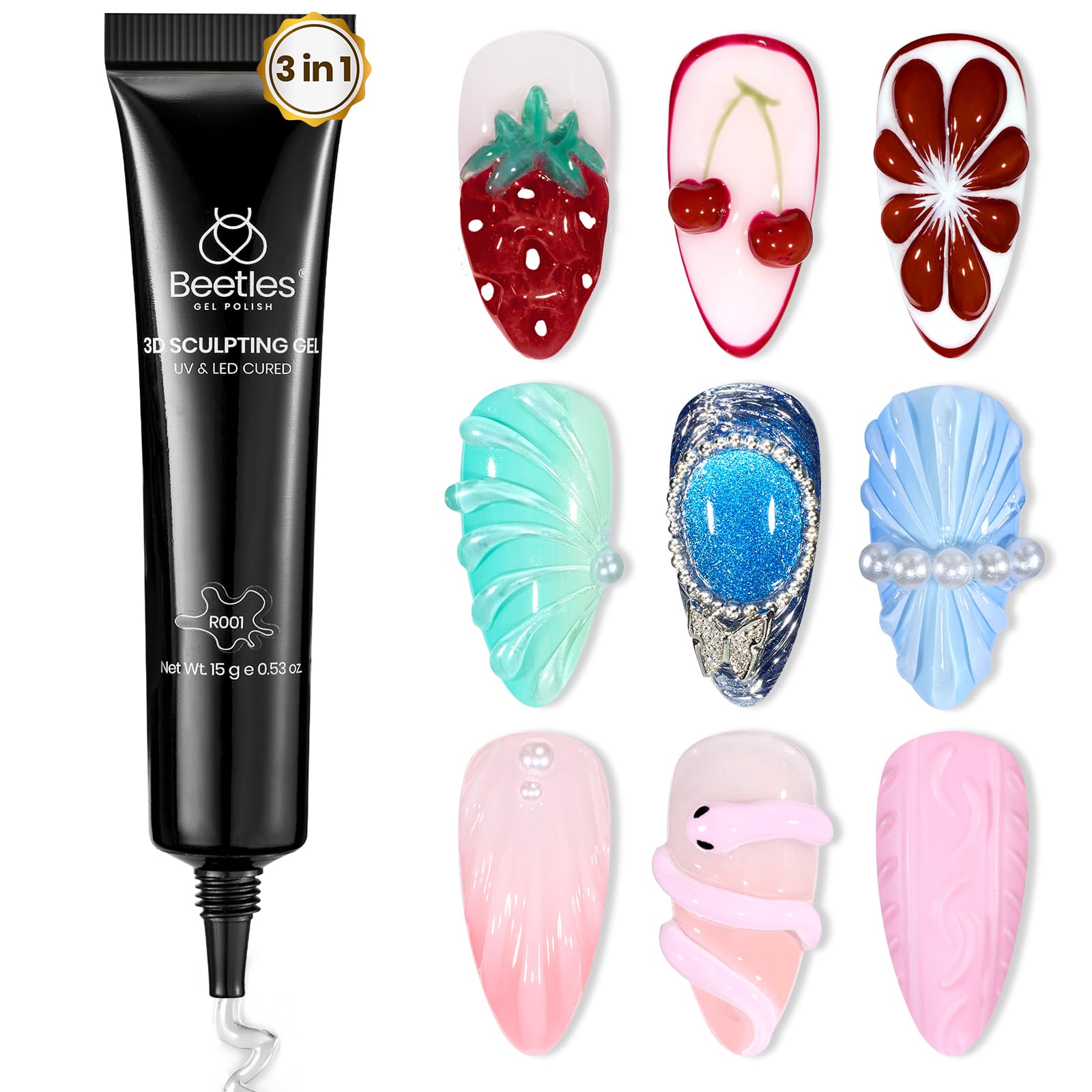 Beetles Sculpting Gel 3D Gel-Nagelkunst-Design – 3-in-1 Klarer No-Wipe Nagellack Strass-Nagelkunstkleber für Nagelsteine Diamantschmuck Maniküre