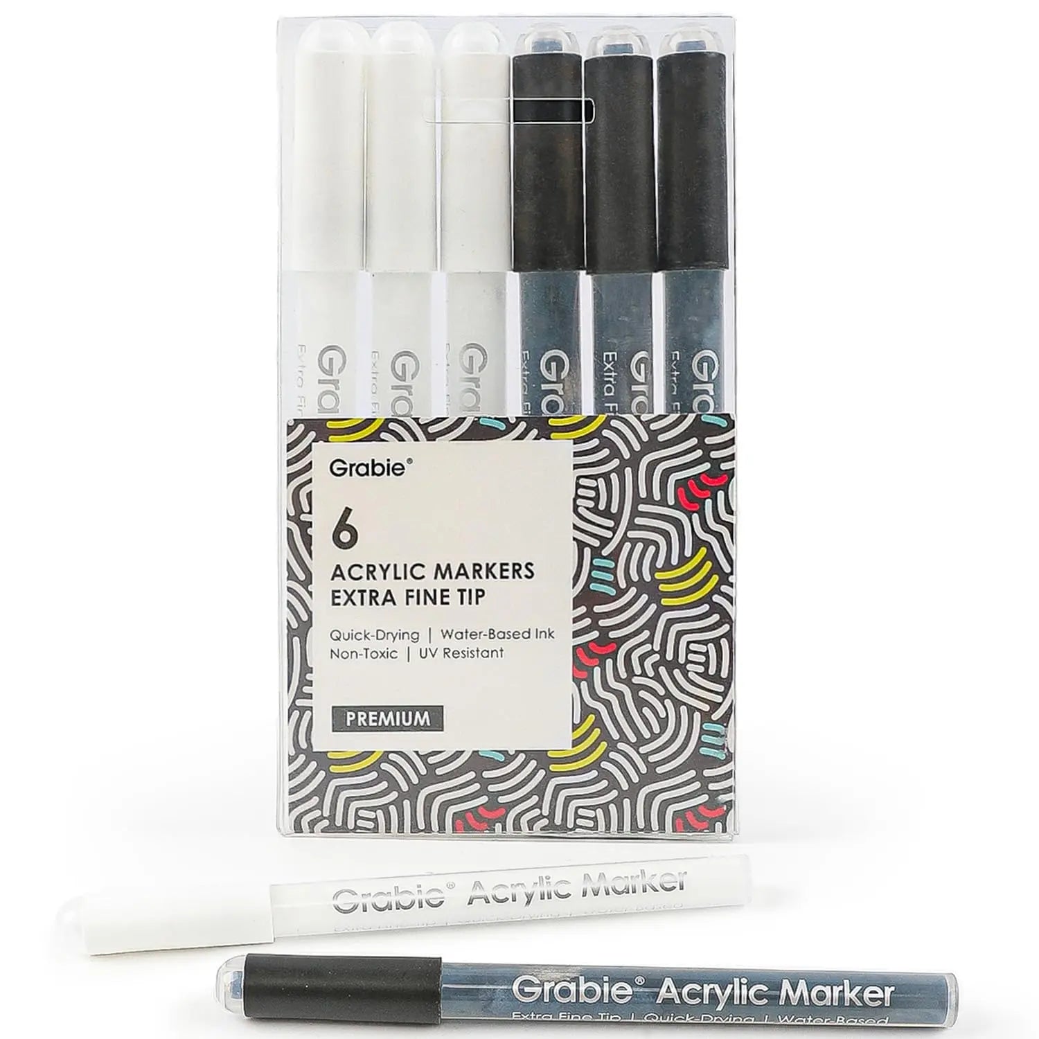 Grabie Black & White Extra Fine Tip Acrylic Paint Marker Set, 6 Pack, 0.7mm Acrylic Paint Pens for Highlights and Fine Details on Drawings, Rock Painting Glass Canvas Wood, White Highlight Markers