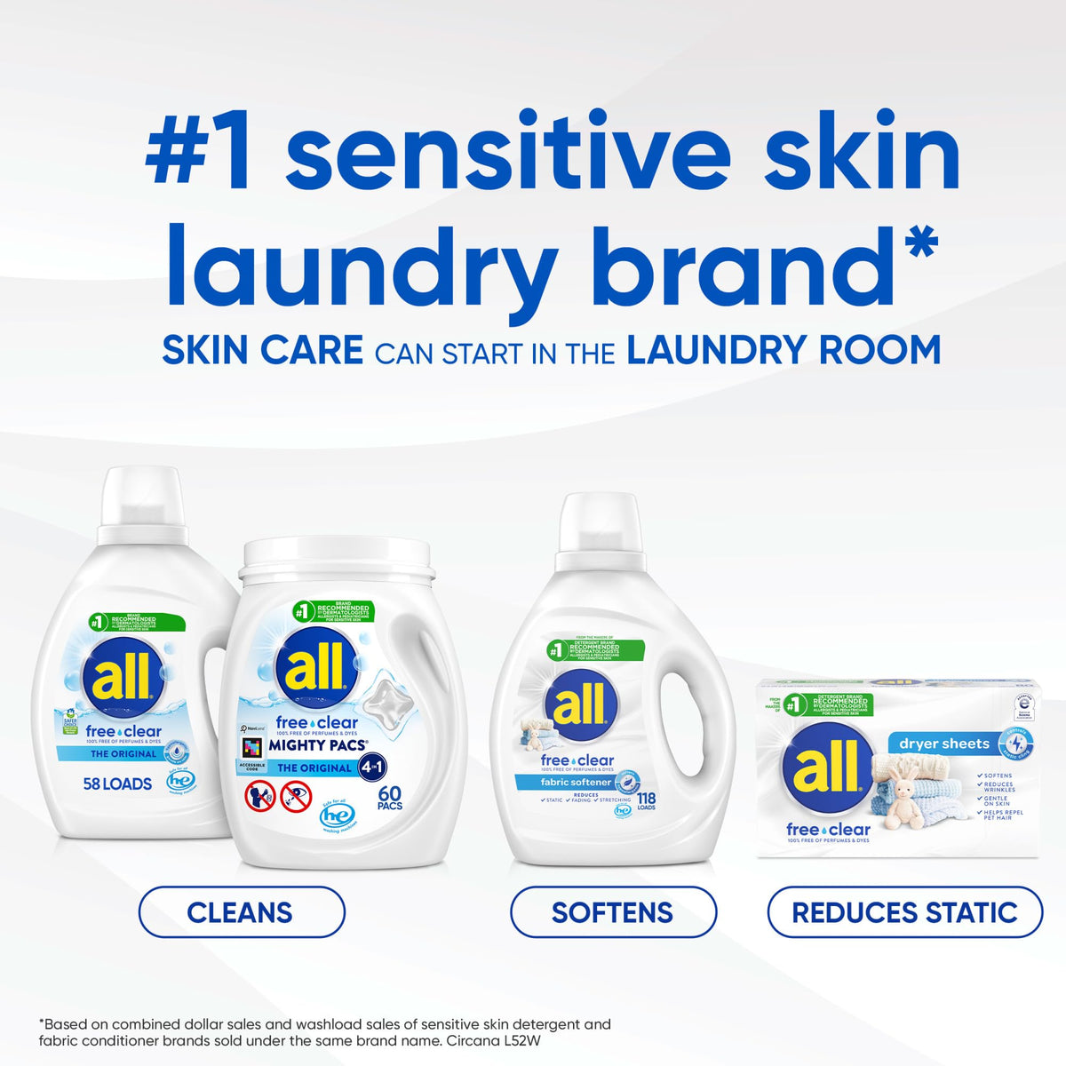 All Mighty Pacs Laundry Detergent, Free Clear for Sensitive Skin, Tub, 60 Count