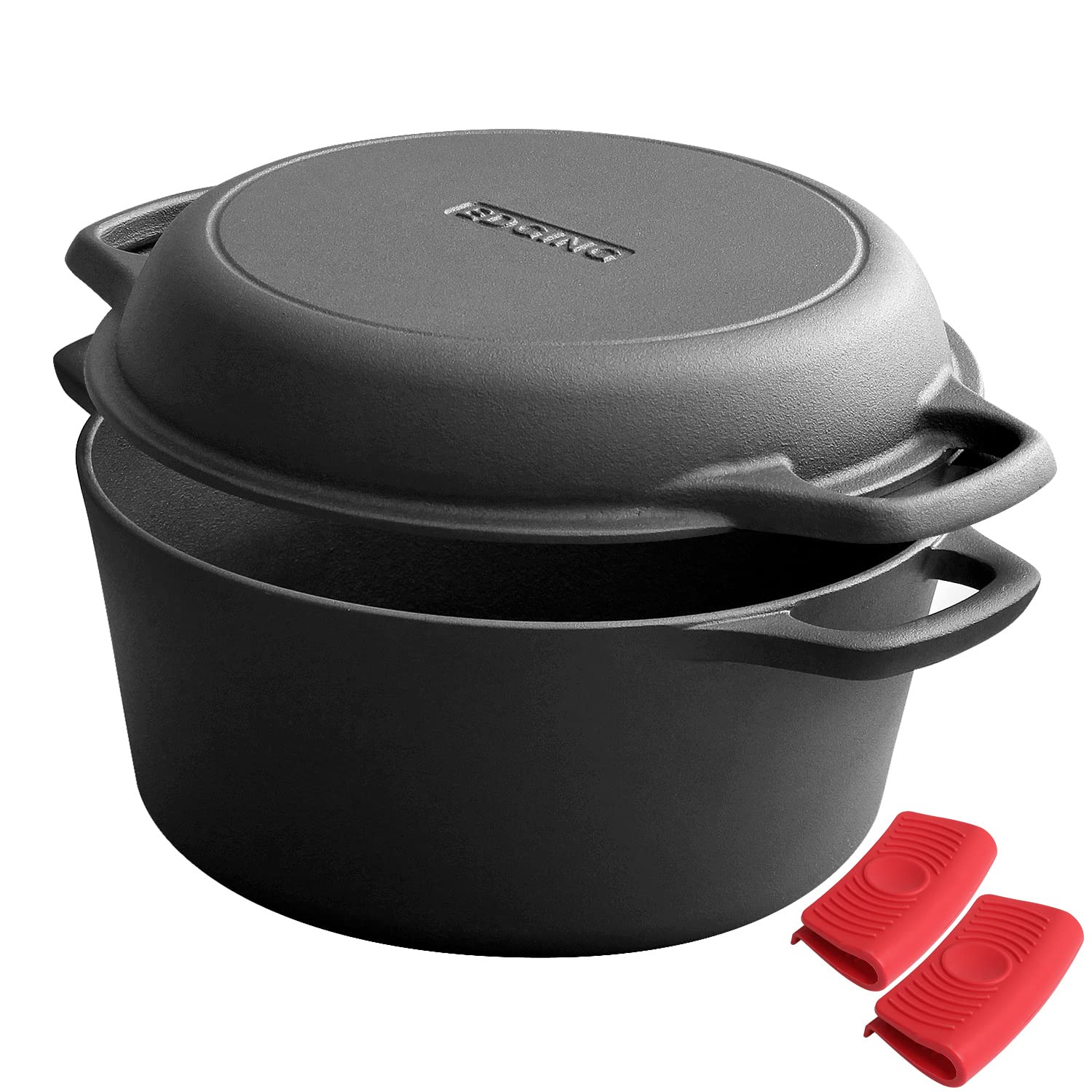 EDGING CASTING 2-in-1 Pre-Seasoned Cast Iron Dutch Oven Pot with Skillet Lid Cooking Pan, Cast Iron Skillet Cookware Pan Set with Dual Handles Indoor Outdoor for Bread, Frying, Baking, Camping, BBQ, 5QT