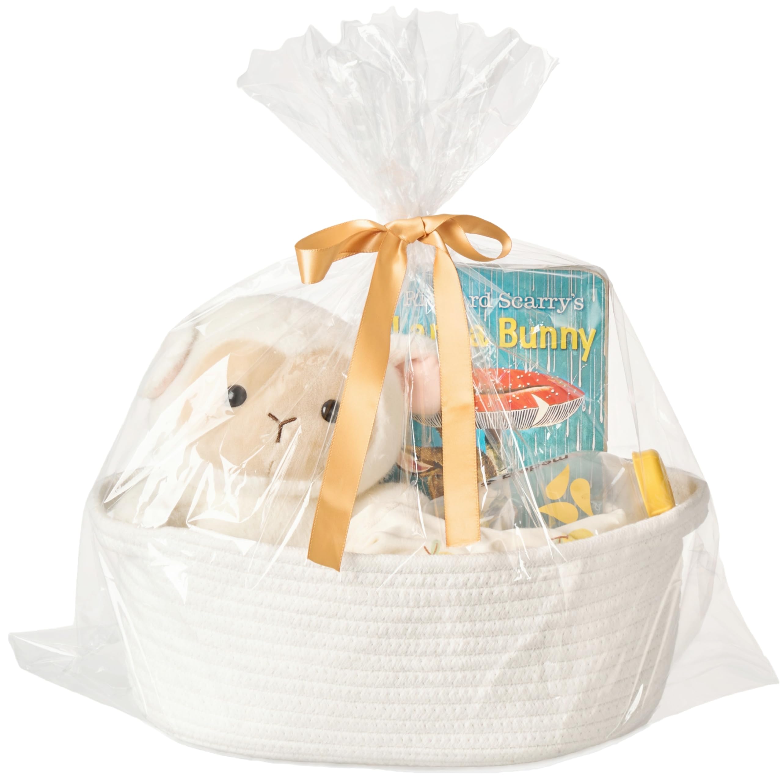Gift Basket with Wrap Bag & Ribbon - Empty Small Woven Basket (12"x8"x5"), Cute Decorative Storage Organizer for Baby Showers, Pets, Toys, Shelves and More - White