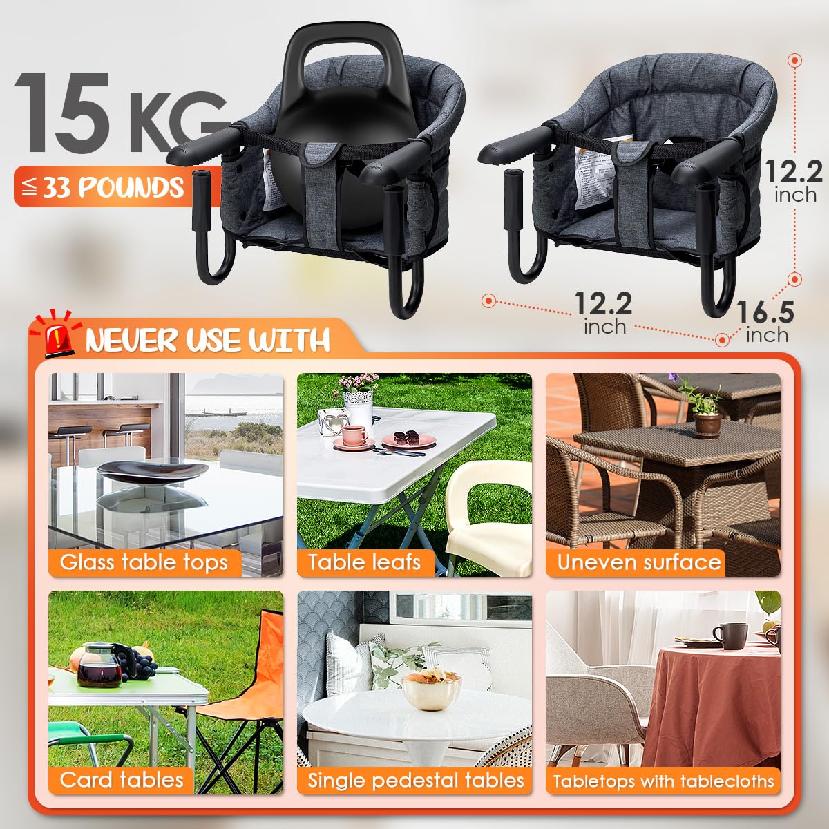 Hook On High Chair - Portable & Foldable for Babies 6-36 Months, Family & Travel Use with Carry Bag (Grey)