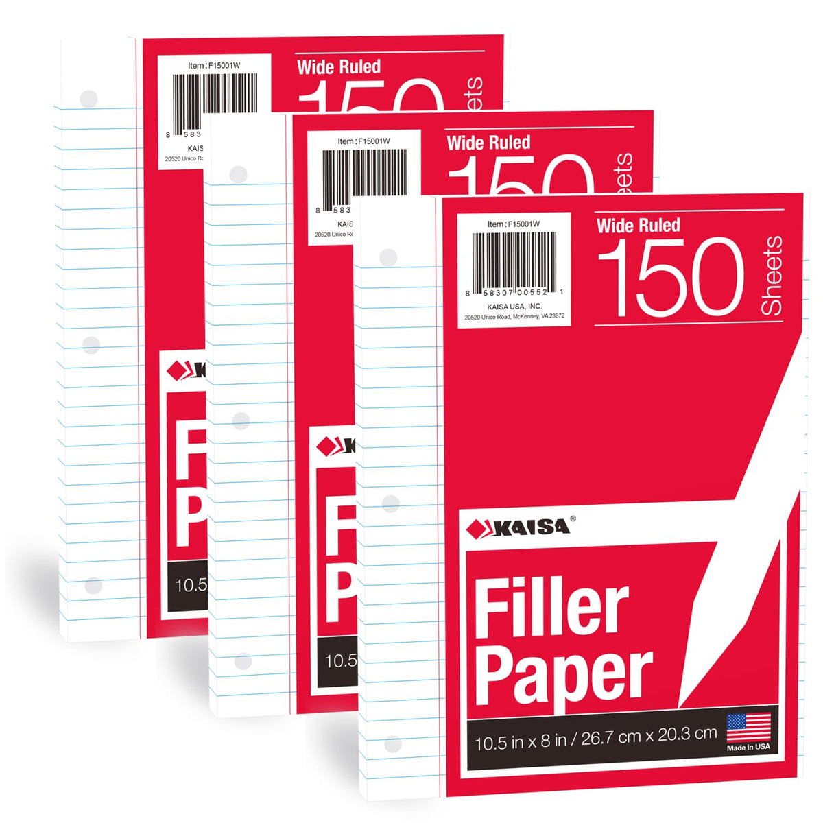 KAISA Filler Paper Loose Leaf Paper, Wide Ruled Paper, 8"x10-1/2", 3-Hole Punched Binder Paper For 3-Ring Binders,150 Sheets/pack 3Pack, F15001W