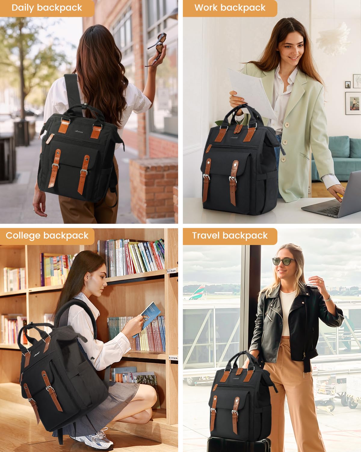 LOVEVOOK Laptop Backpack for Women, School Backpack for Teen Girls, Work Travel Backpack Purse, Commuter Business Computer Bag Teacher Nurse Bags, College Student Bookbag, 15.6 Inch, Black-brown