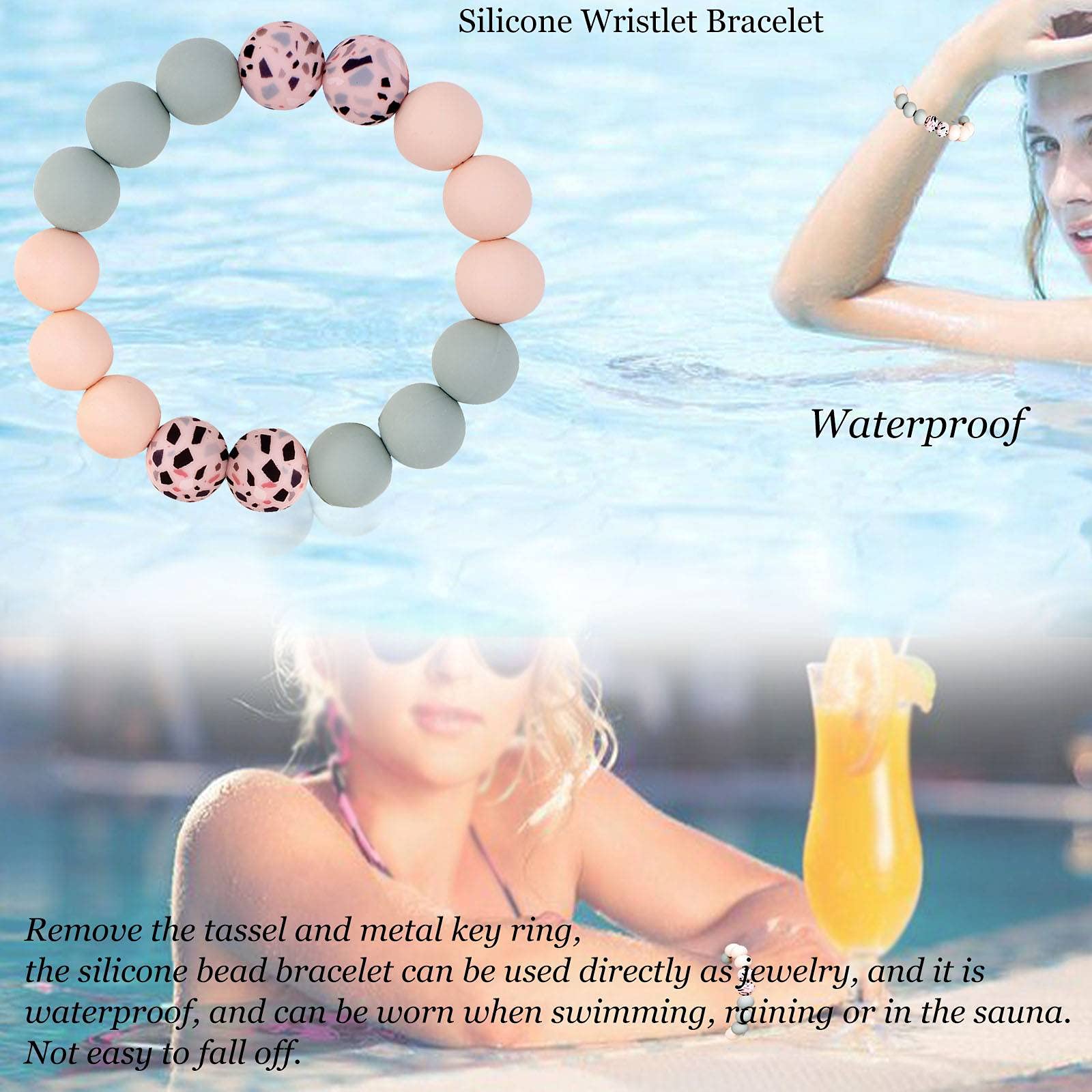 BIHRTC Keychain Wristlet Bracelet Silicone Key Ring Bracelet Wristlet Keychain with Leather Tassel Wrist Key Ring Bangle Silicone Bead keyring for Women