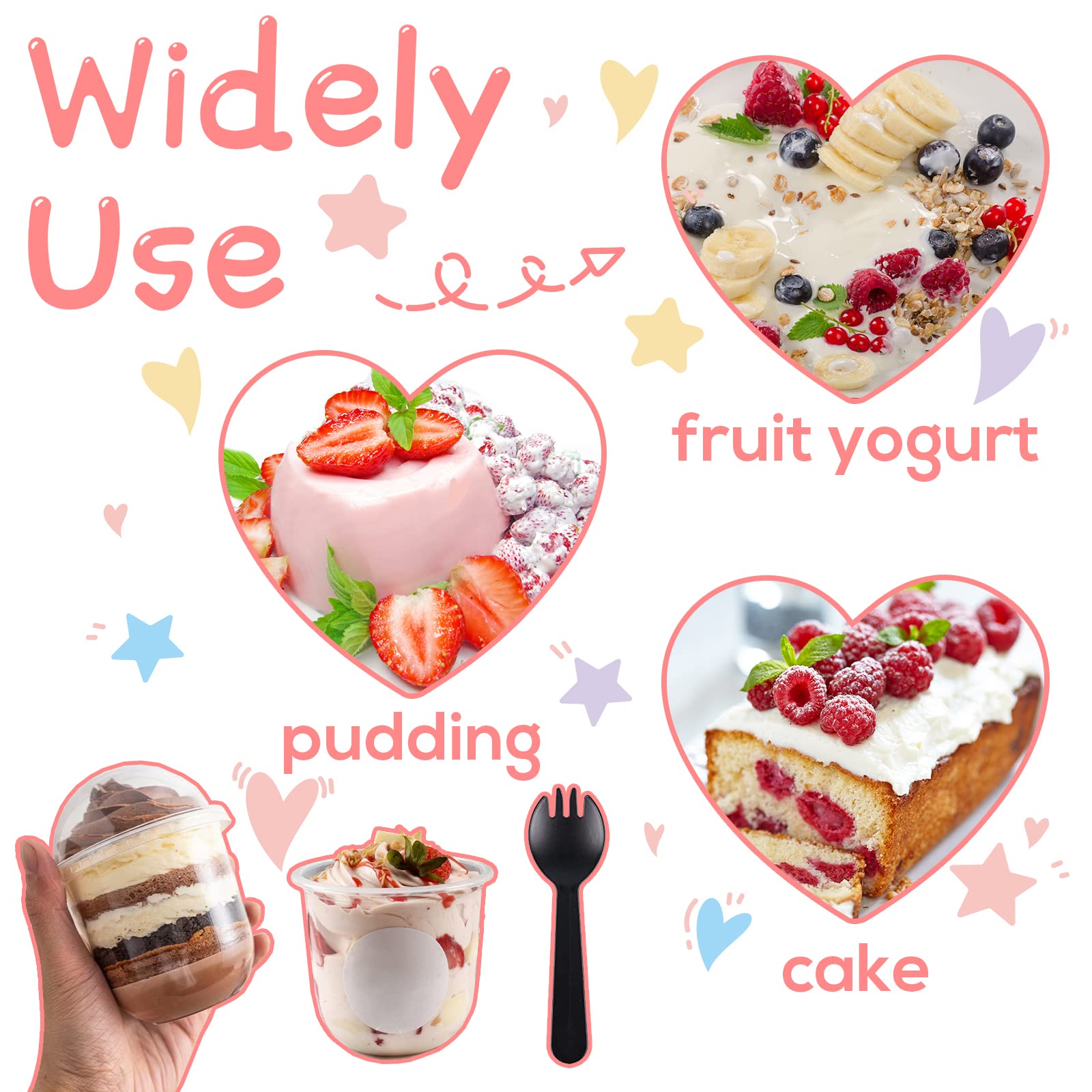 50 Pack 12OZ Clear Plastic Cups with Dome Lids and Sporks No Hole Disposable Fruit Cups for Dessert,Cupcake,Parfait,Pudding,Iced Cold Drinks,Snacks,Fruits,Bakeries,Ice Cream