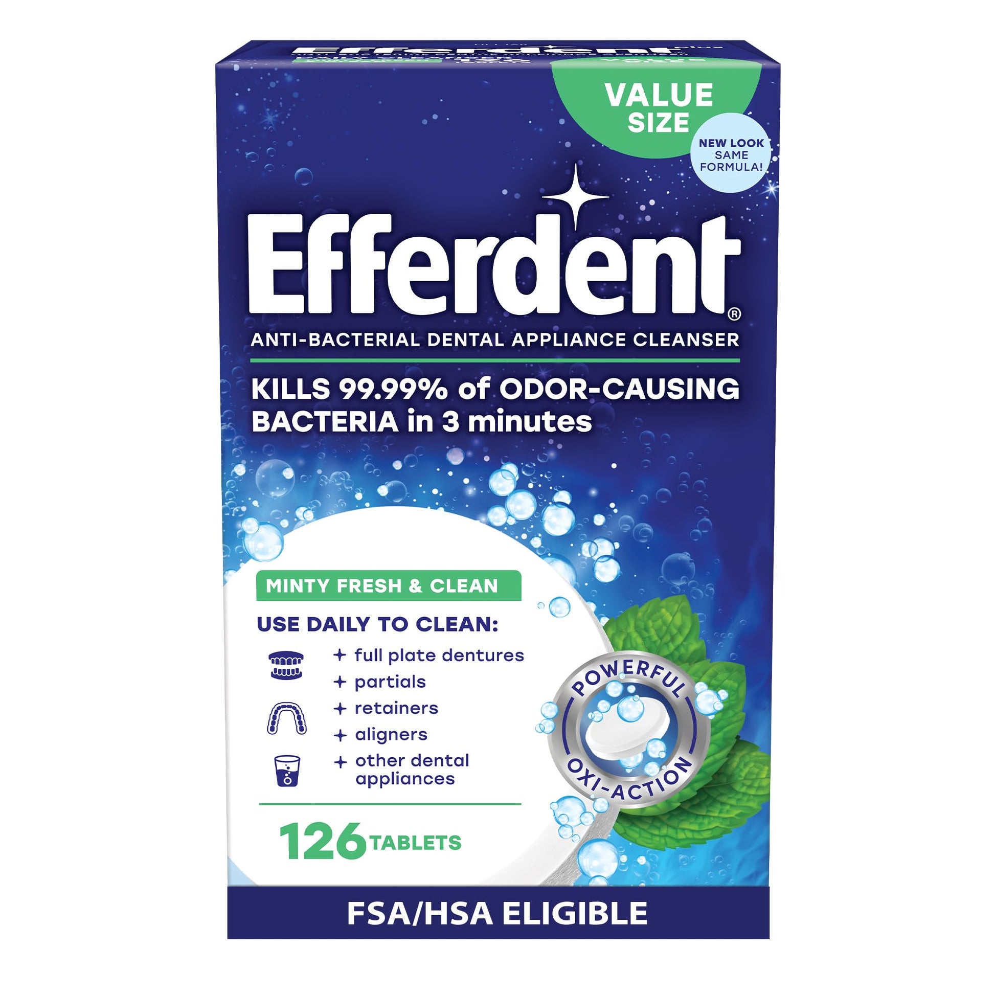 Efferdent Retainer Cleaning Tablets, Denture Cleaning Tablets for Dental Appliances, Minty Fresh & Clean, 126 Count