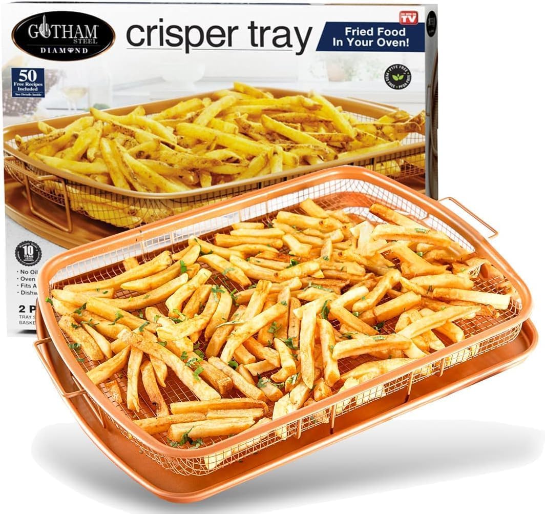 Gotham Steel Large Air Fryer Basket for Oven, 2 Pc Oven Air Fryer Basket and Tray Pan Great for Baking & Crispy Foods, Dishwasher Safe - XXL 16.5" x 12.5"