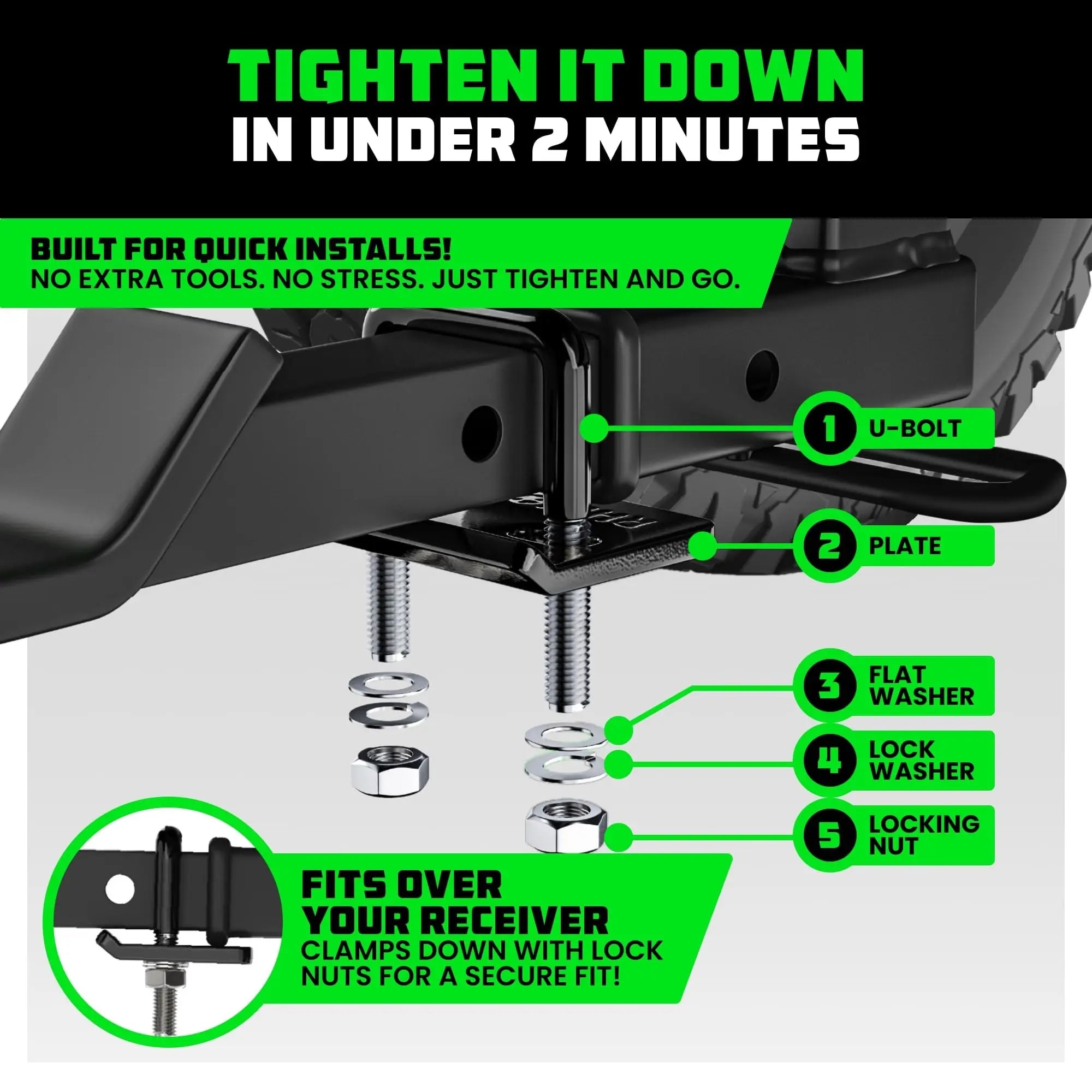 Rhino USA Hitch Tightener Anti Rattle Clamp (for 2 inch Hitches) Heavy Duty Steel Trailer Hitch Stabilizer - Weatherproof Protective Anti-Rust Silencer for Bike Rack, Hitch Receiver & More!