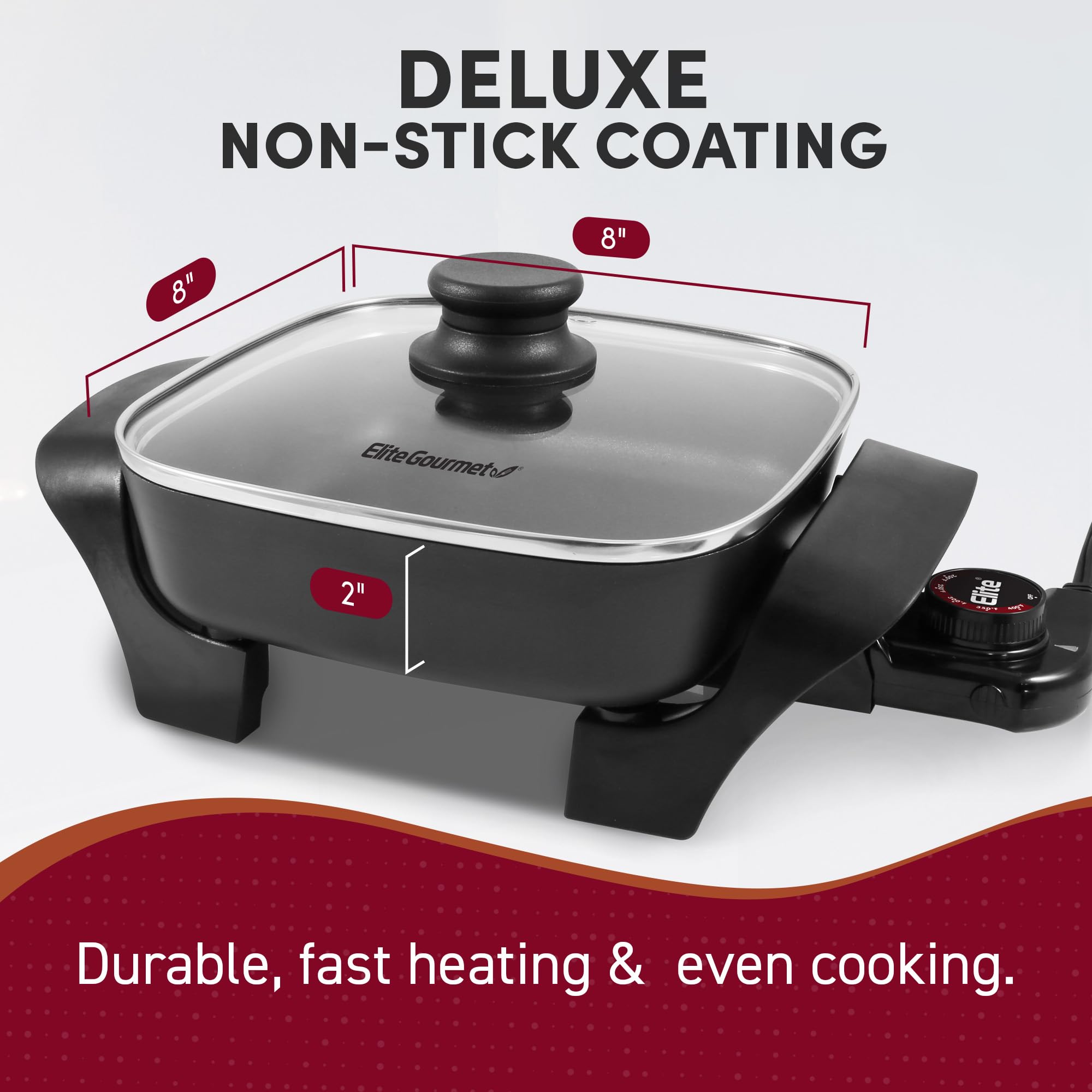 Elite Gourmet EG808 8” x 8" Non-stick Electric Skillet, Dishwasher Safe with Tempered Glass Vented Lid, Rapid Heat Up, 600W, Black