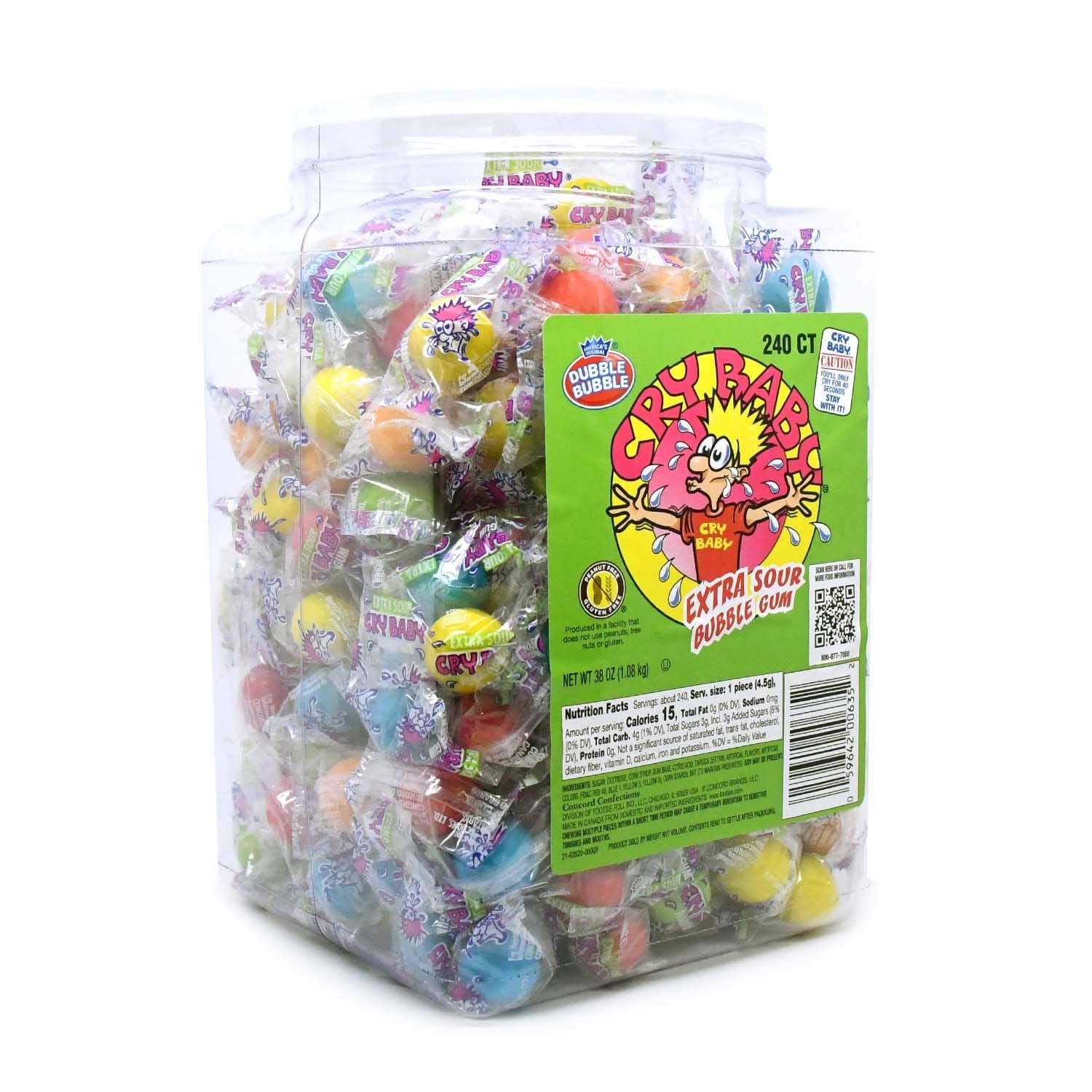 Dubble Bubble Cry Baby Extra Sour Bubble Gum - 240 Count Resealable Jar of Individually Wrapped Gumballs - Peanut Free, Gluten Free - 5 Flavors, 38 Oz (Pack of 1)
