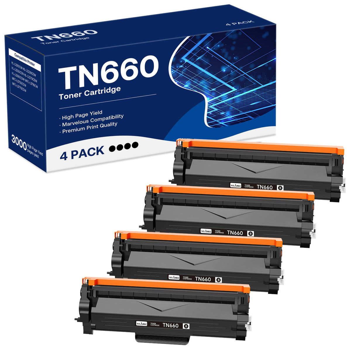 WEAREC Kompatible Tonerkartusche Ersatz für Brother TN660 TN-660 TN630 Hohe Reichweite Kompatibel mit HL-L2300D HL-L2360DW MFC-L2740DW MFC-L2700DWR DCP-L2540DN Drucker (Schwarz, 4 Stück)
