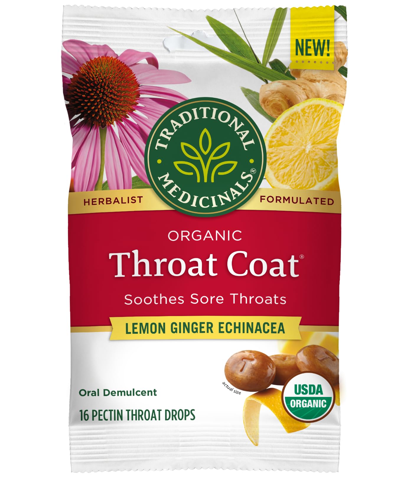 Traditional Medicinals Lozenges, Organic Throat Coat Lemon Ginger Echinacea, Sore Throat Support, 16 Individually Wrapped Lozenges