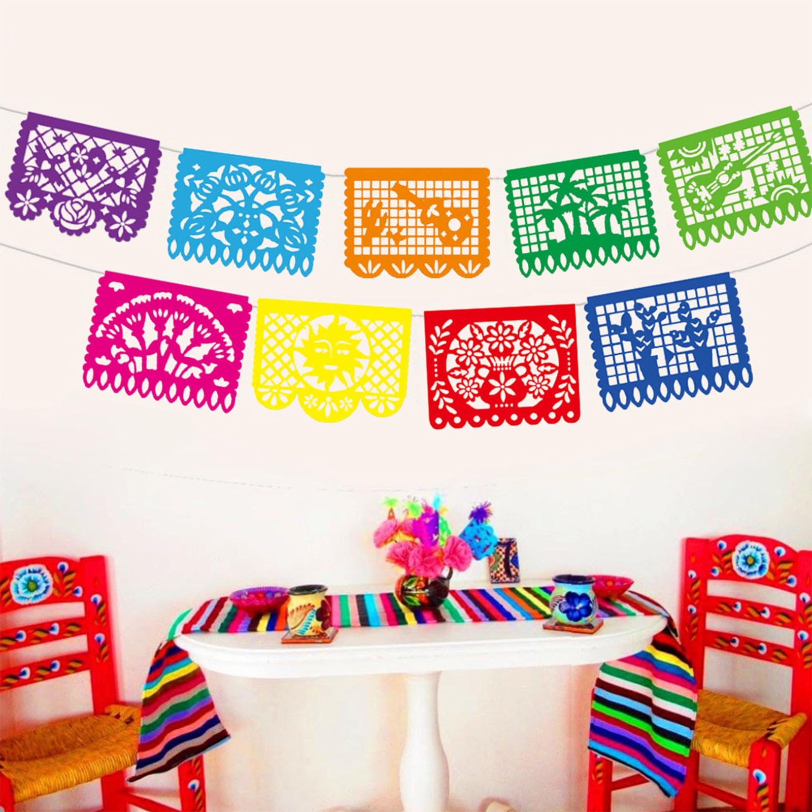 DomeStar Mexican Party Decoration, 18 Feet Plastic Papel Picado Fiesta Banner Cinco de Mayo Garland for Mexican Birthday Party Supplies