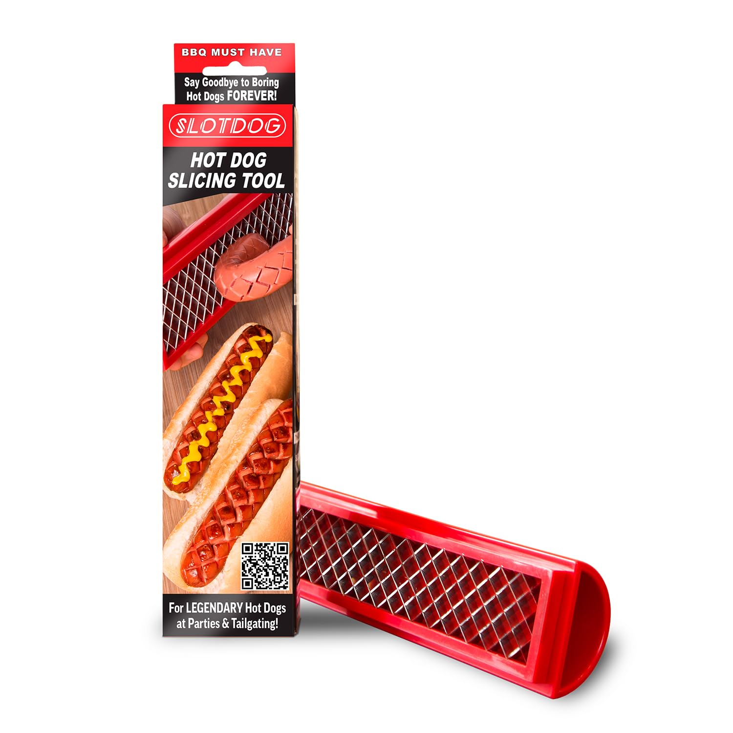 SLOTDOG - Hot Dog Slicing Tool - Stainless Steel Cutter Blades for Kitchen, Grilling, Tailgating, Camping and Backyard Outdoor BBQ - 10 inch - Red