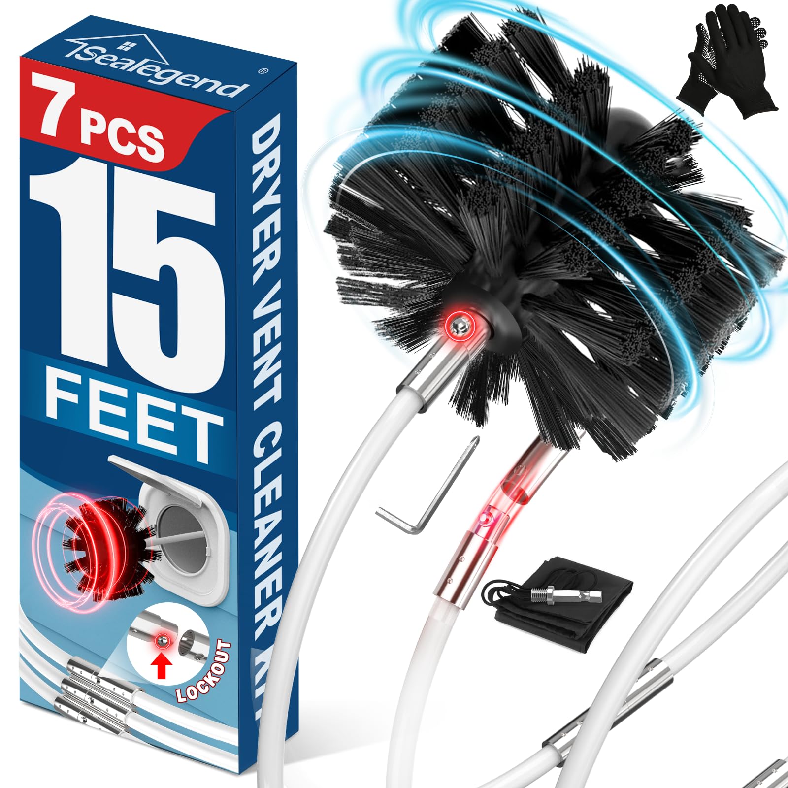Sealegend 15 Feet Dryer Vent Cleaner Kit, Lint Remover，Upgraded Flexible Quick-Snap Brush with Drill Attachment,Extends Up to 15 FEET for Easy Cleaning，Cleaning Tools Use with/Without a Power Drill