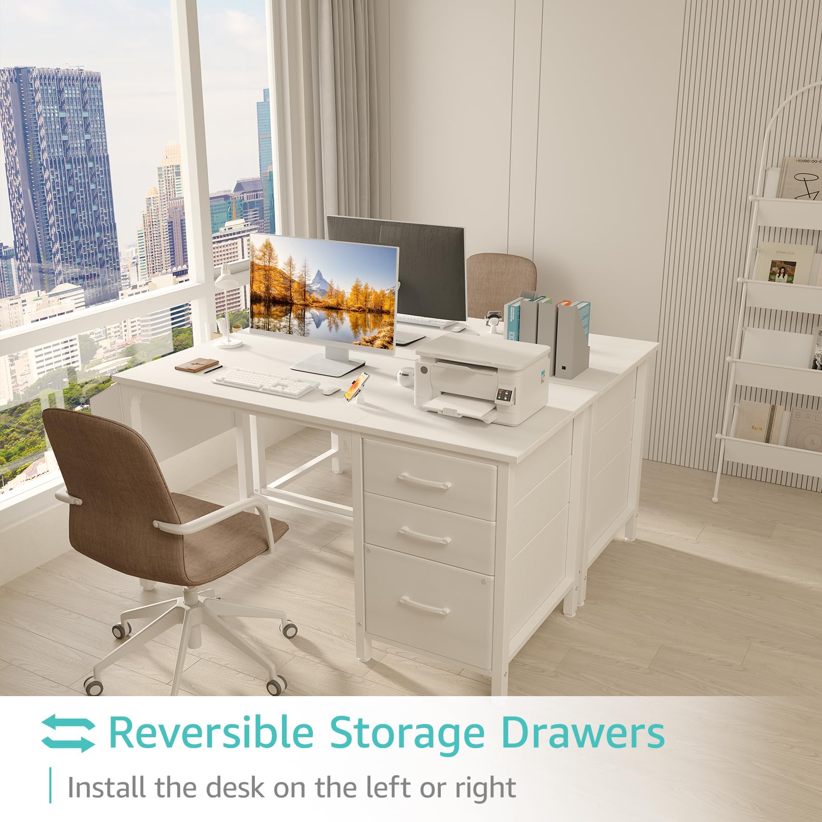 Lufeiya White Desk with Fabric File Drawers Cabinet, 47 Inch Reversible Computer Desk with Filing Cabinet for Bedroom Small Space Home Office, Modern Writing Table PC Desks, White