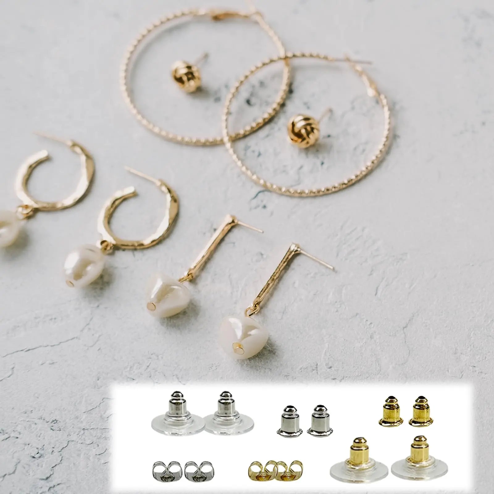 Mevodeata Earring Backs - 6 Styles, 170 Pcs, Hypoallergenic Metal, Bullet Shape Safety Earring Backs Replacements for Studs, Hoops