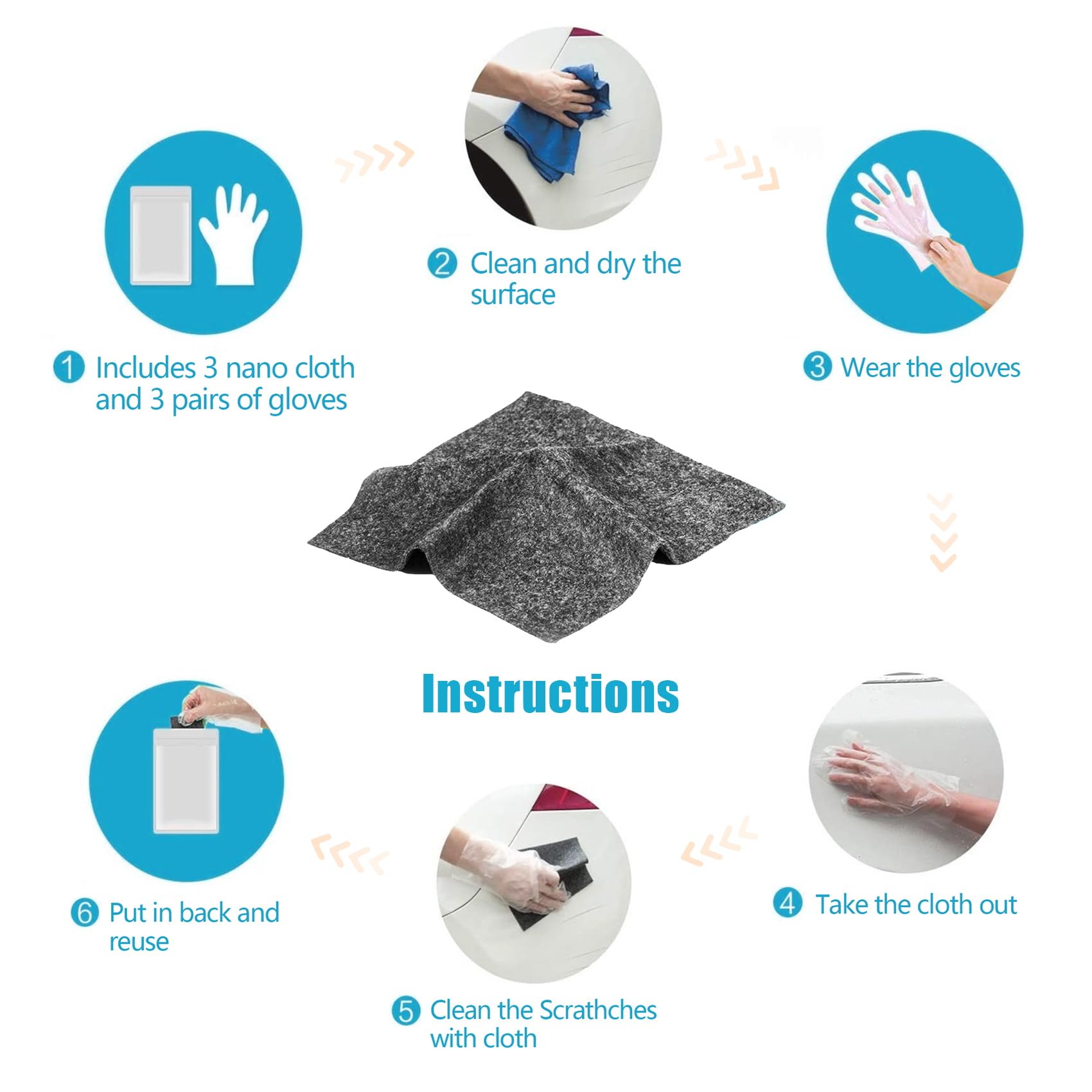 Nano Sparkle Cloth Car Scratch Remover - Advanced Nano Scratch Fix Tool - Easily Removes Small Scratches, Swirls, Residue & Water Spots - Restores Car Paint to Original, Like-New Shine 3Pcs