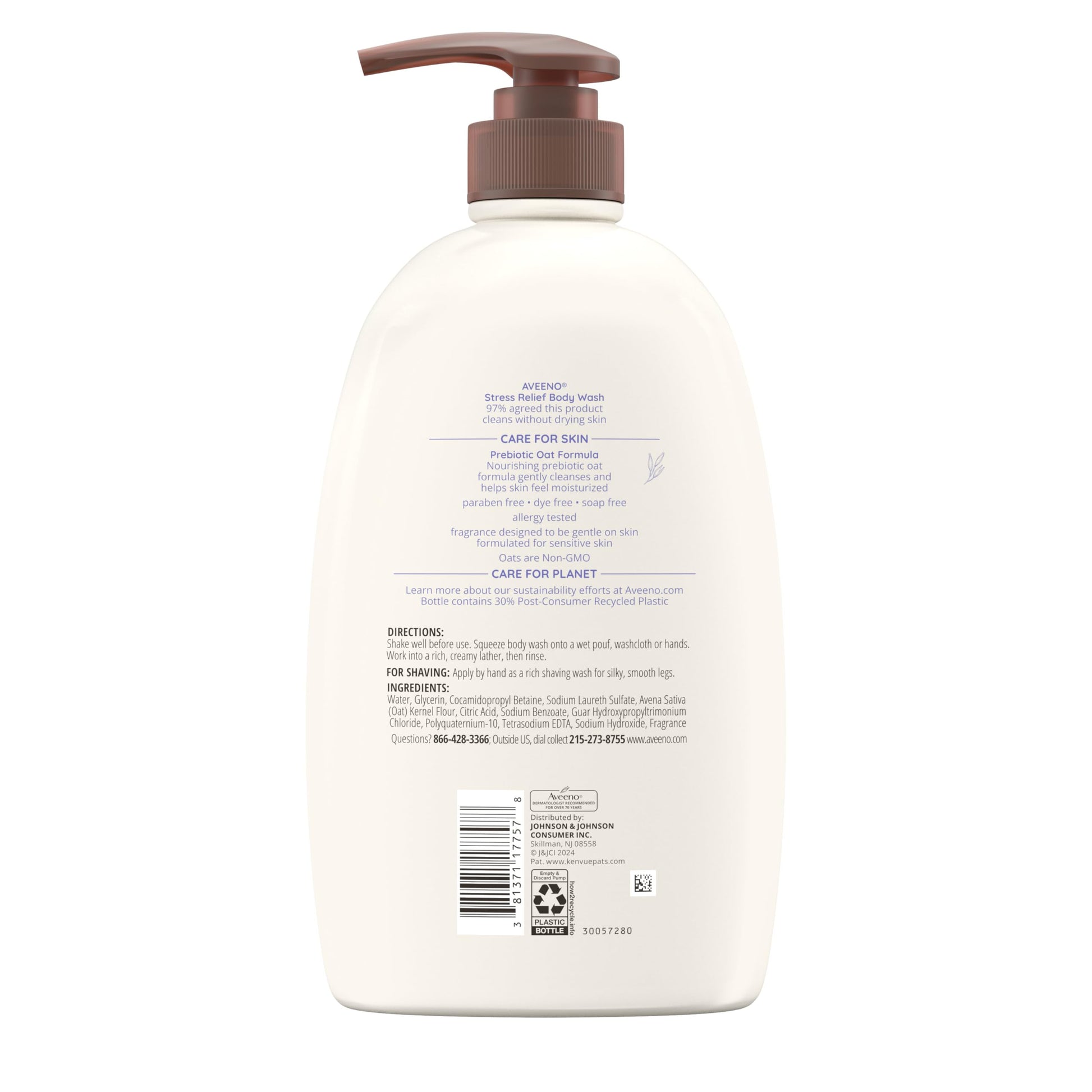 Aveeno Stress Relief Body Wash with Nourishing Oat & Lavender Scent for Sensitive Skin, Gently Cleanses & Helps You Feel Calm & Relaxed in the Shower, Soap-Free, 33 fl. oz