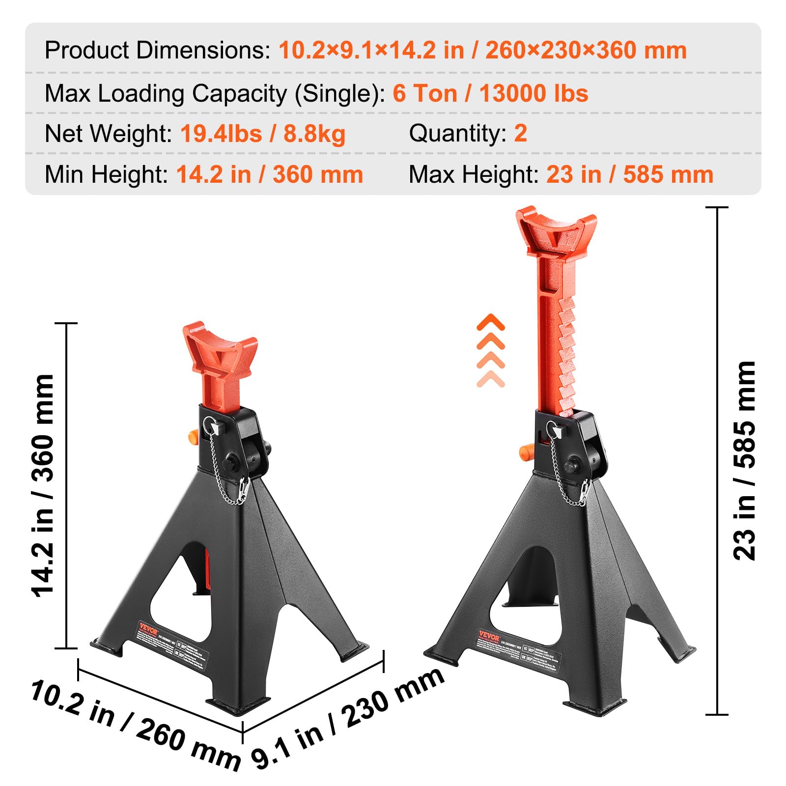 VEVOR Jack Stands, 6 Ton (13,000 lbs) Capacity Car Jack Stands Double Locking, 14.2-23 inch Adjustable Height, for lifting SUV, Pickup Truck, Car and UTV/ATV, Red, 1 Pair