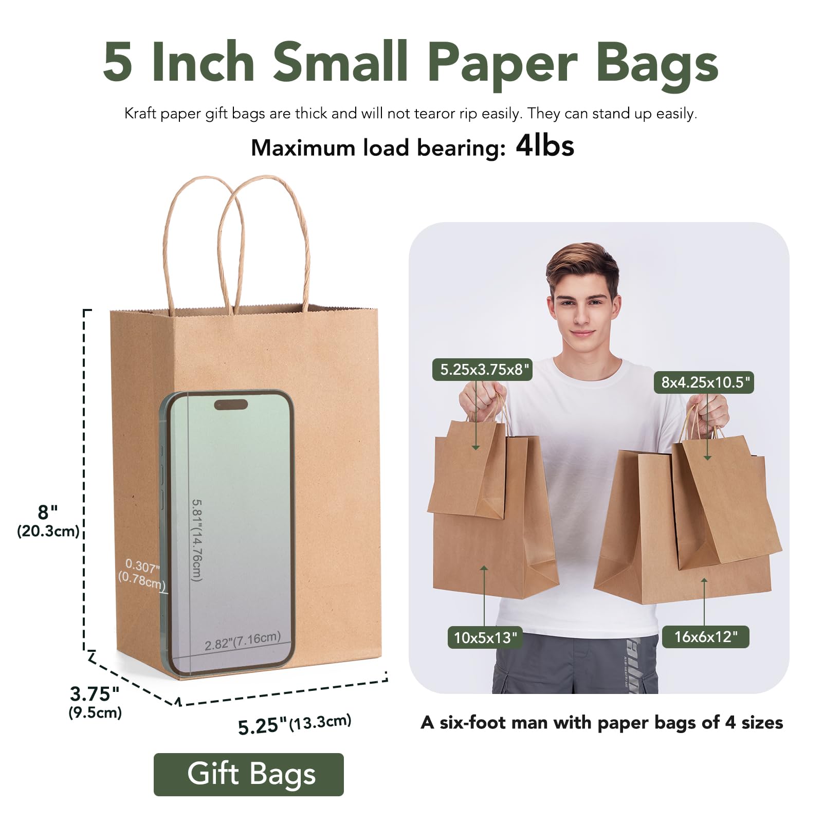 GSSUSA Brown Paper Bags 5.25x3.75x8 20Pcs, Small Gift Paper Bag with Handles Bulk, Graduation Gift, Sturdy Kraft Paper, Retail Shopping Bags, Party Favor, Christmas