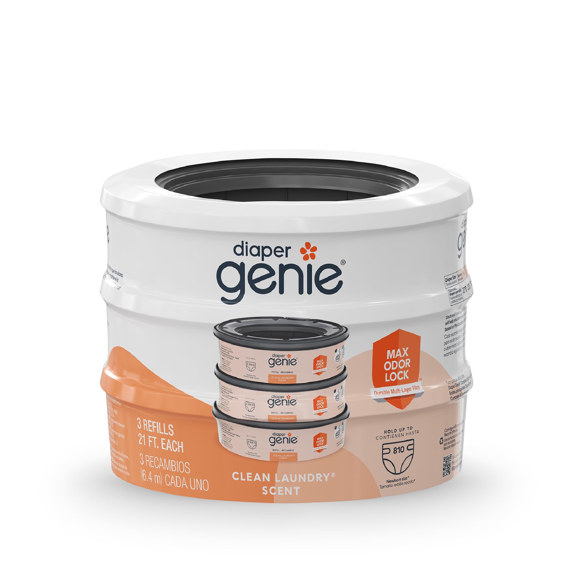 Diaper Genie Bags Refills 270 Count (Pack of 3) Clean Laundry Scent | Diaper Pail Refills with Max Odor Lock | Holds up to 810 Newborn Diapers