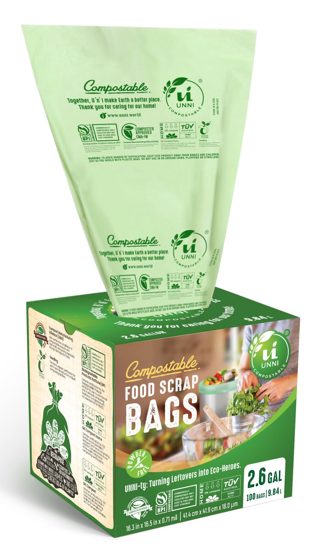 UNNI Kompostierbare Müllbeutel, 2,6 Gallonen / 9,84 Liter, 100 Stück, extra dicke 0,71 Mil kleine Küchenabfallbehälterbeutel, zertifiziert von BPI, CMA & OK compost HOME, erfüllt den ASTM D6400 Standard