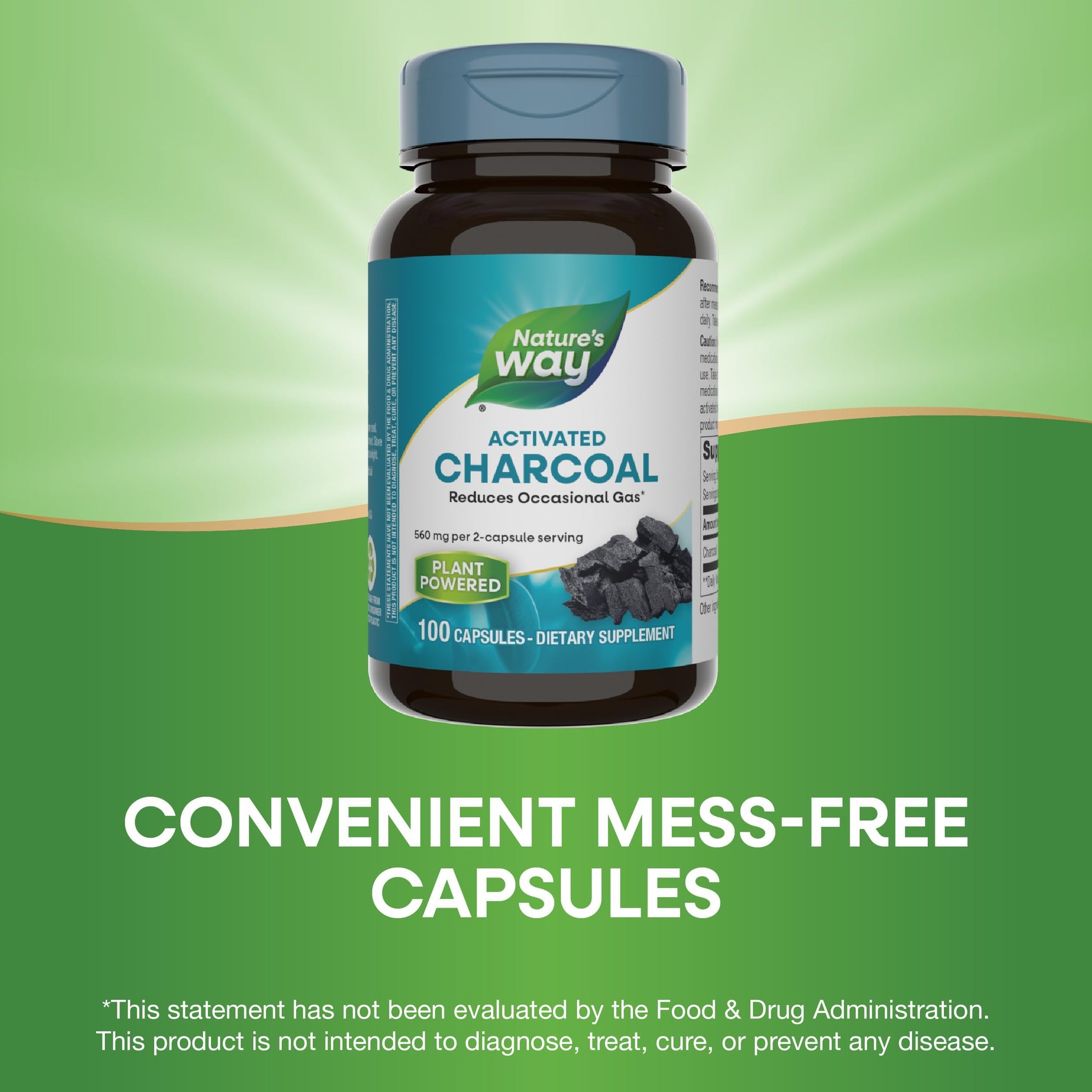 Nature's Way Activated Charcoal, Binds Unwanted Materials and Gas in the Digestive Tract*, 560 mg per 2-Capsule Serving, 100 Capsules (Packaging May Vary)