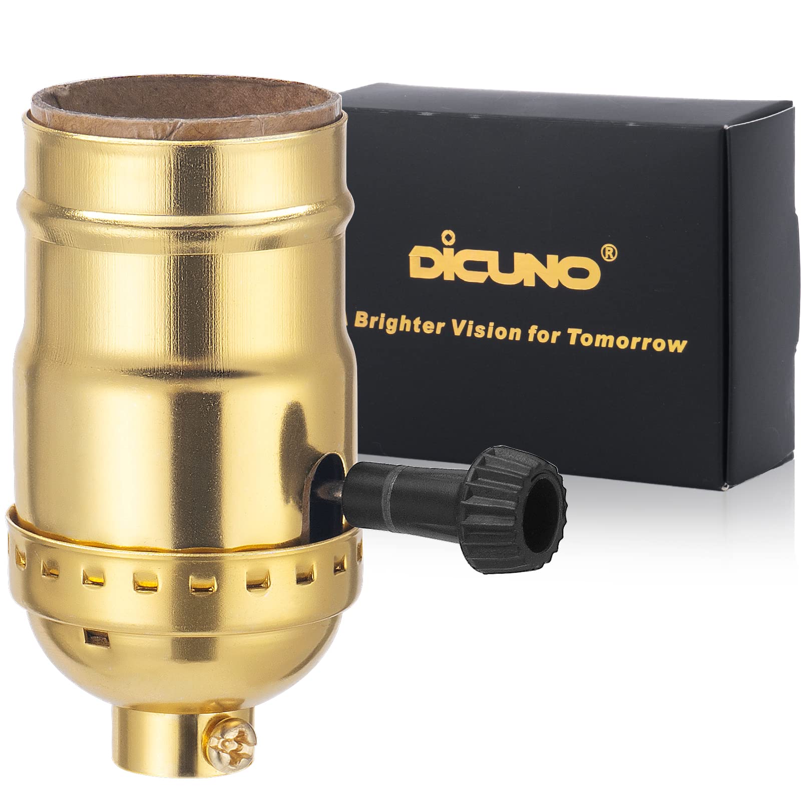 DiCUNO UL Listed 3-Way Lamp Socket Replacement, E26 Standard Threaded Base Light Socket, Turn Switch Knob for Low-Medium-High Light Settings, DIY Project, Table, Floor Lamp Repair Kit, 1-Pack, (Gold)
