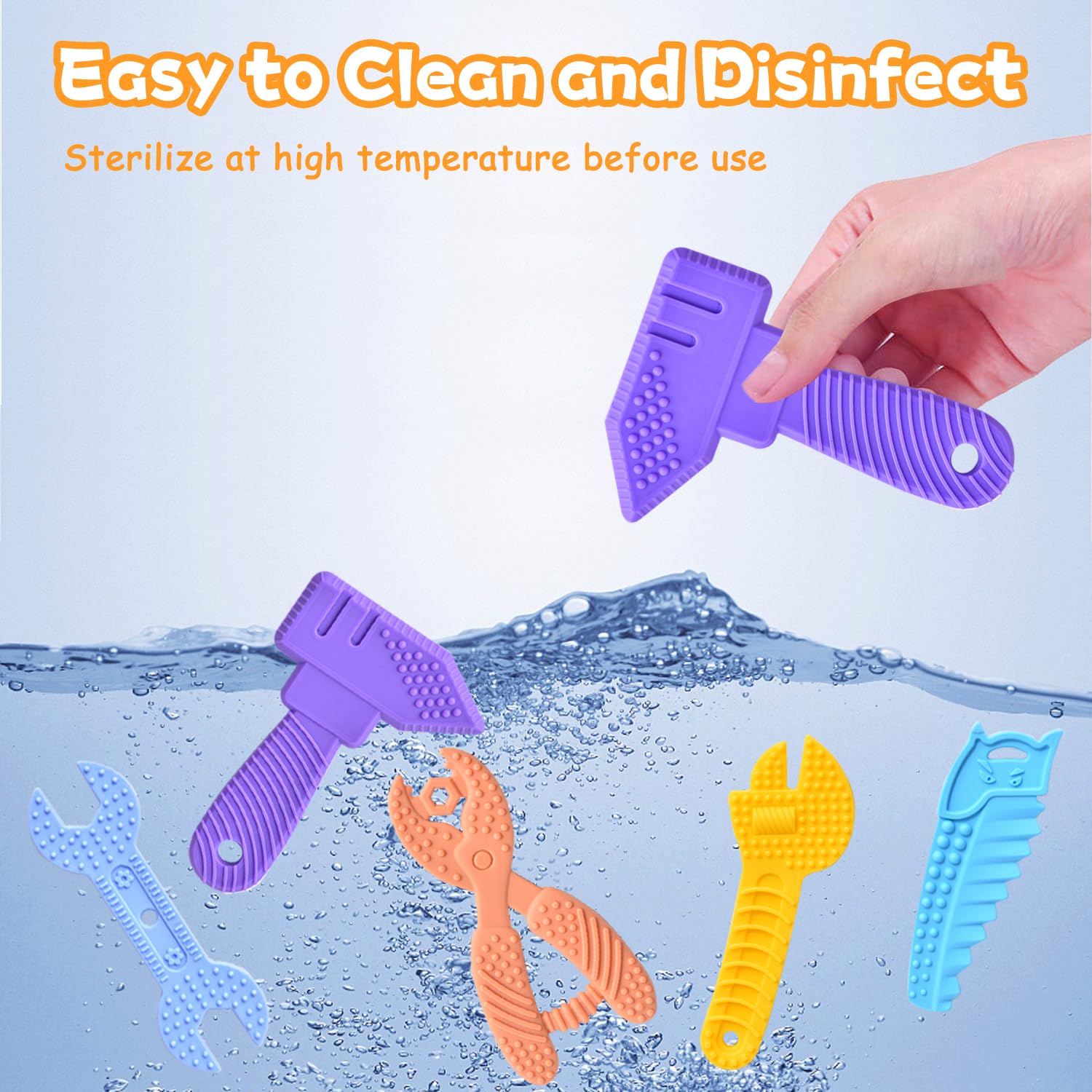 Mgtfbg Baby Teething Toys for 0-6 / 6-12 Months - Molar Teether Chew Toys Set BPA Free Silicone, Soft Textures - Hammer Wrench Scissors Shape Gift 5-Pack