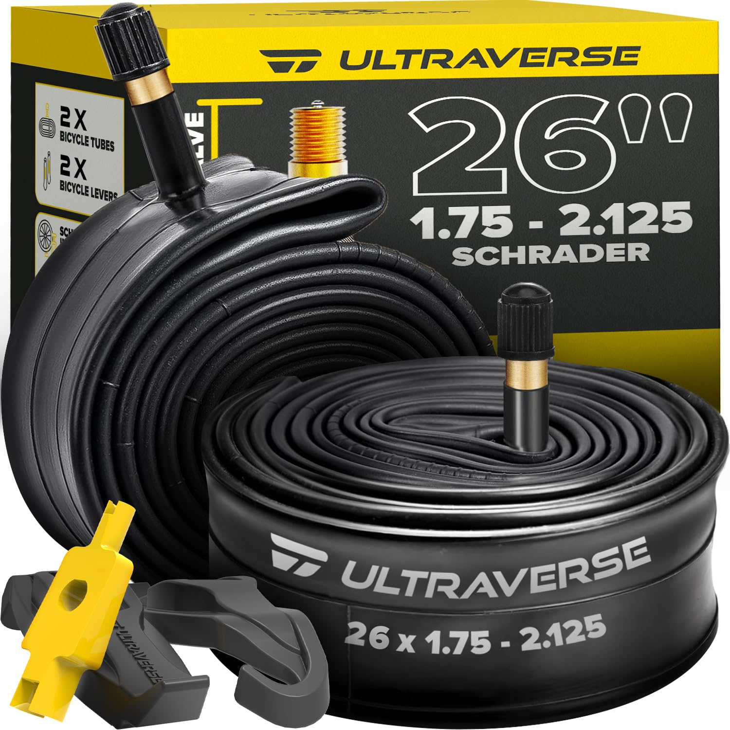 Ultraverse Bike Inner Tube for 26 X 1.75/1.95/2.10/2.125 inch Bicycle Tire with Schrader Valve - Rubber Tubes for Mountain and Trail, Cruisers, MTB, Gravel, Enduro, Downhill, City Bikes - 2 Pack