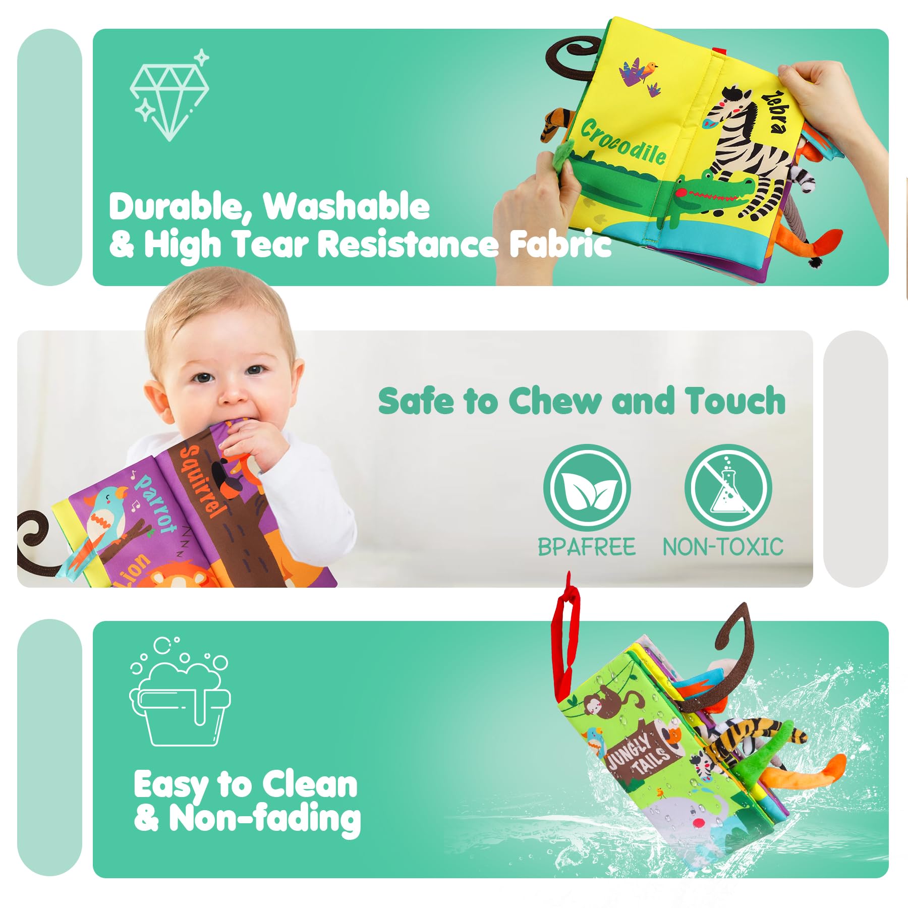 beiens Baby Books Toys, Touch and Feel Crinkle Cloth Book for Infant Baby 0-3-6-12-18 Months, Early Development Interactive Stroller Soft Toys, Newborn Gifts for Boys Girls