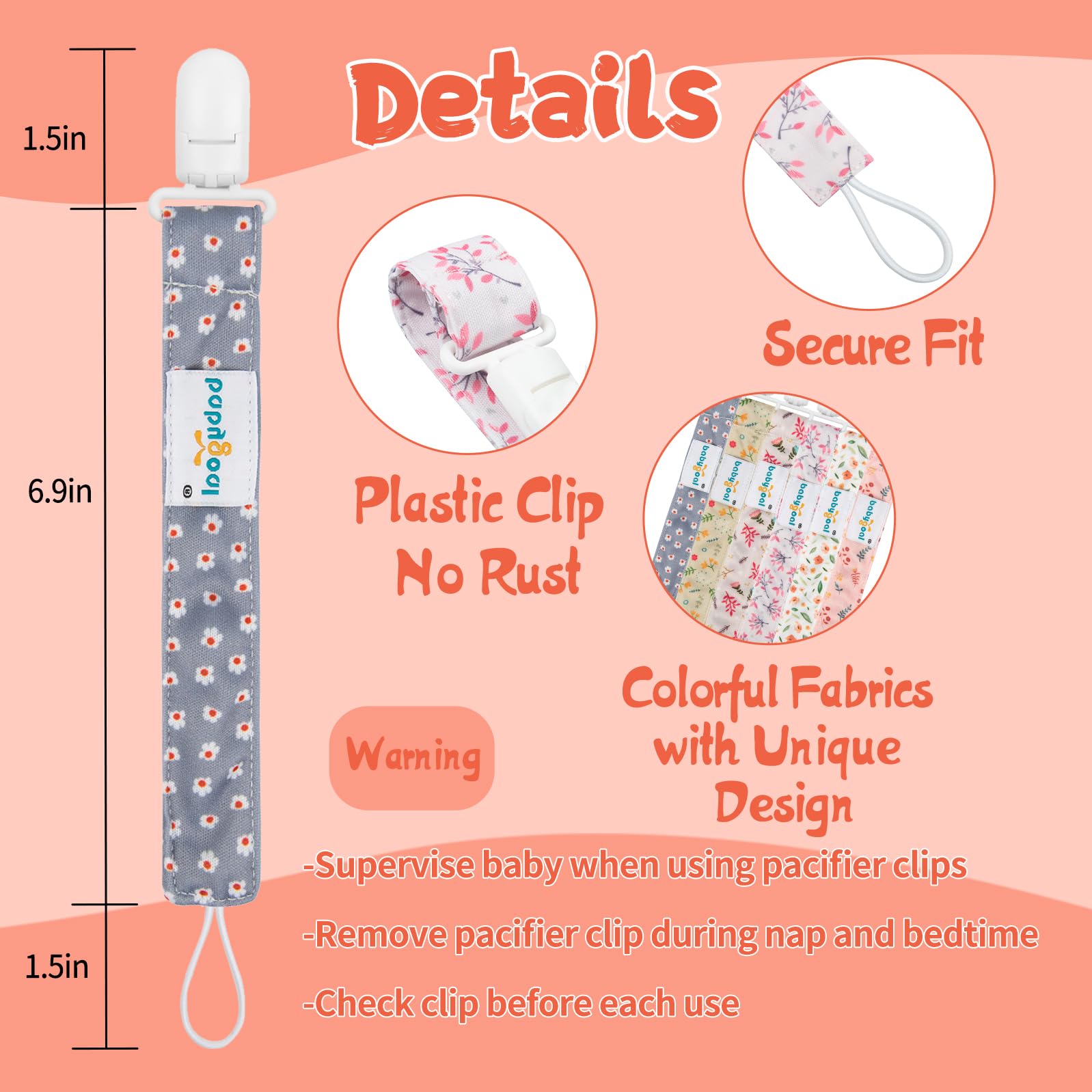 Babygoal Floral Pacifier Clips, 6 Pack Binky Paci Holder Clips and Leash for Boys and Girls Fits for Most Pacifier, Binkie Styles & Baby Teethers & Toys and Gift 6PS21