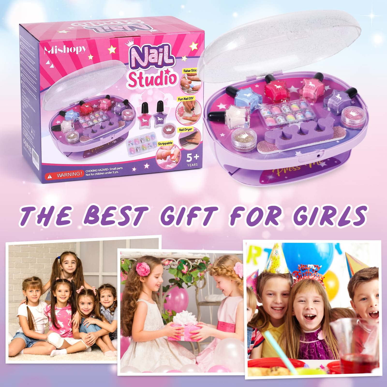 Golray Kids Nail Polish Set for Girls, All-in-One Nail Art Kit - Dryer/ Glitter Powder/ False Nails/ Nail Decals/ Toe Separator/File, Age 3-12 Little Girl Gift Toys